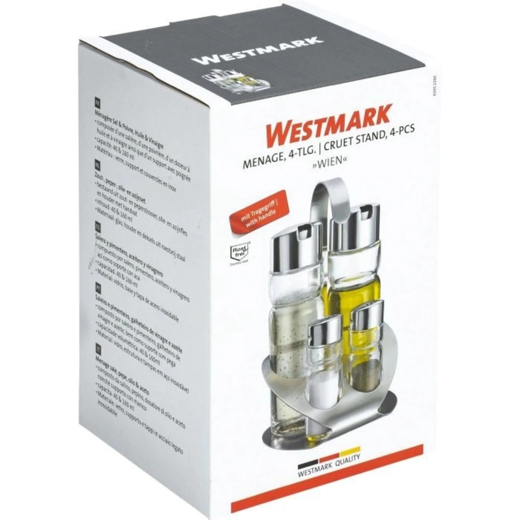 Elegantes 4-teiliges Menage-Set von Westmark für Salz, Pfeffer, Essig und Öl, ideal für den Esstisch und stilvolles Servieren.