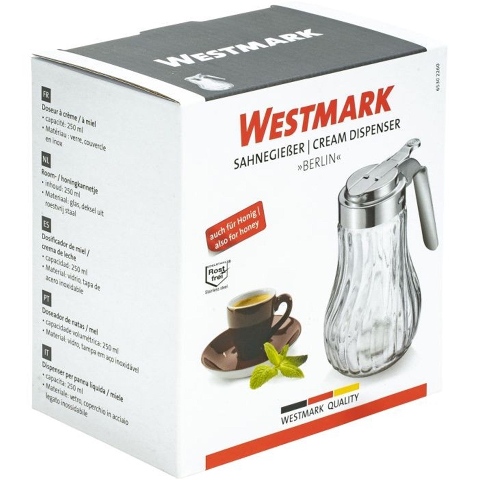 Praktischer Sahnegießer und Honigspender von Westmark, 250ml, perfekt für genaues Portionieren von Sahne und Honig.