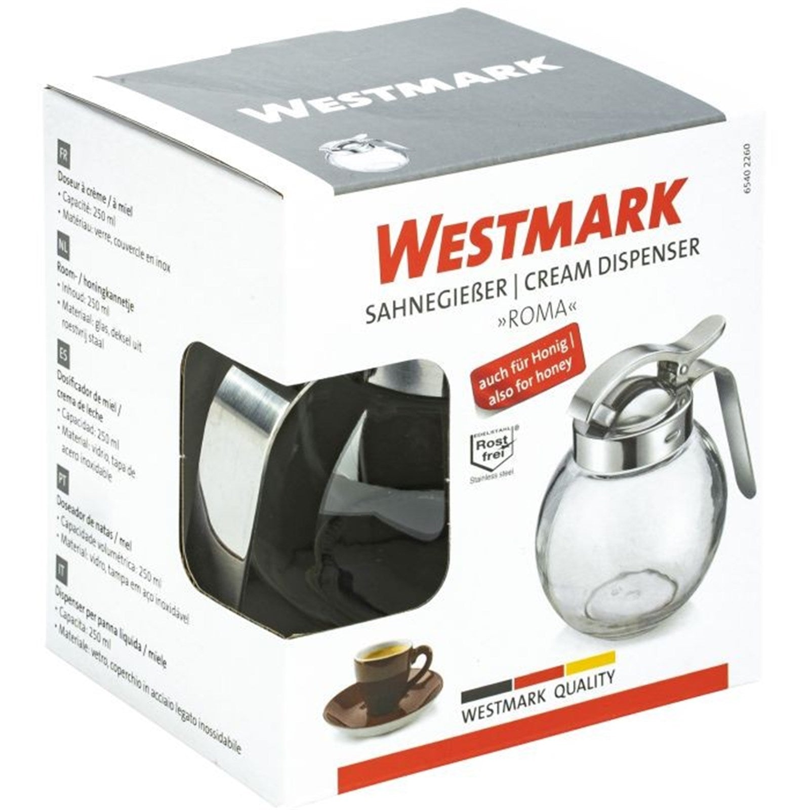Eleganter Sahne- und Honigspender Roma von Westmark, 250ml, ideal für präzises und sauberes Dosieren von Flüssigkeiten.