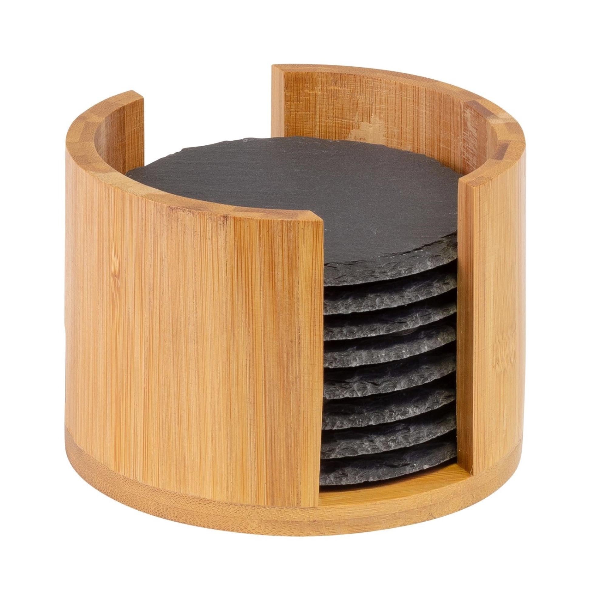 Elegantes 8er-Set runde Naturschiefer-Untersetzer Ø 10 cm, inklusive Bambusbox, ideal für Getränke und stilvolle Tischdekoration.