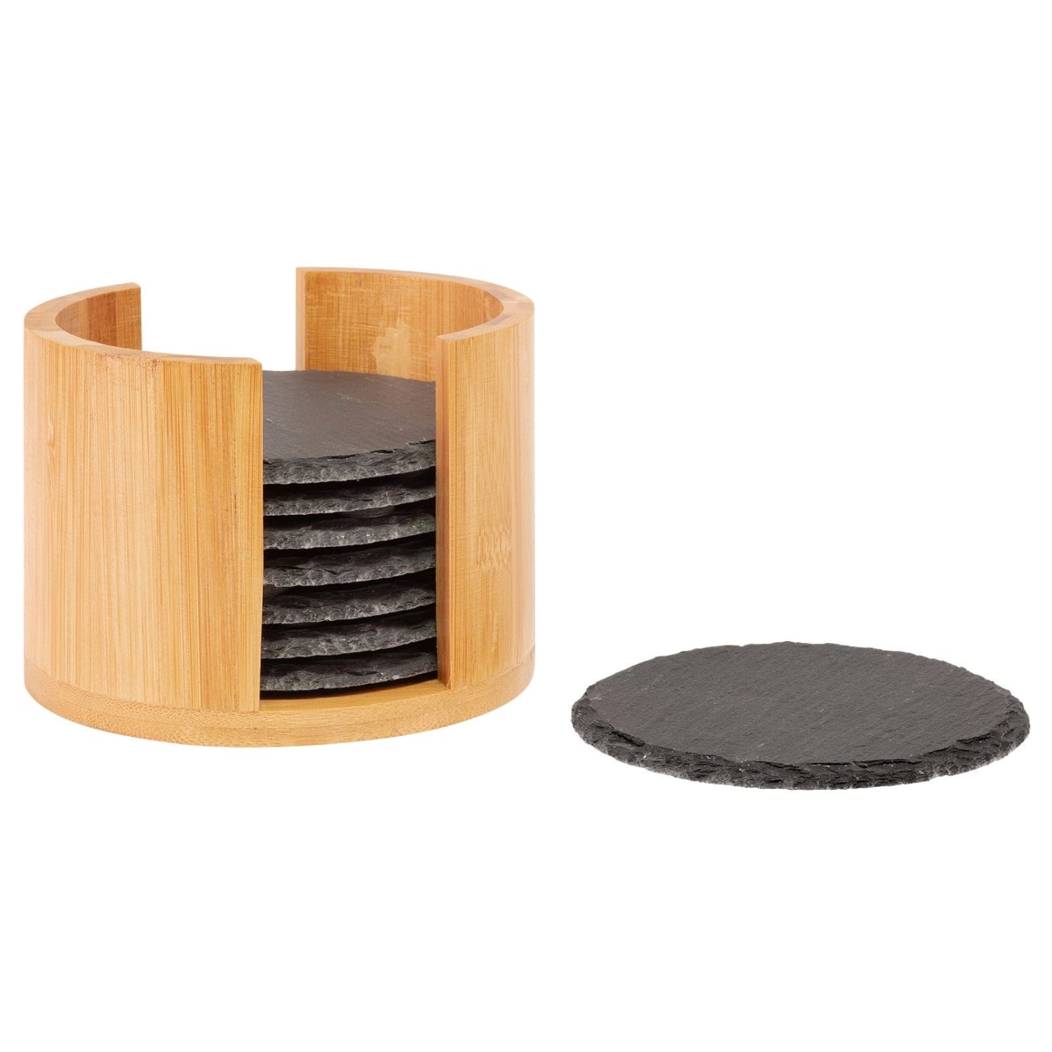 Lot de 8 dessous de verre en ardoise naturelle, ronds, dans une boîte en bambou, D10cm