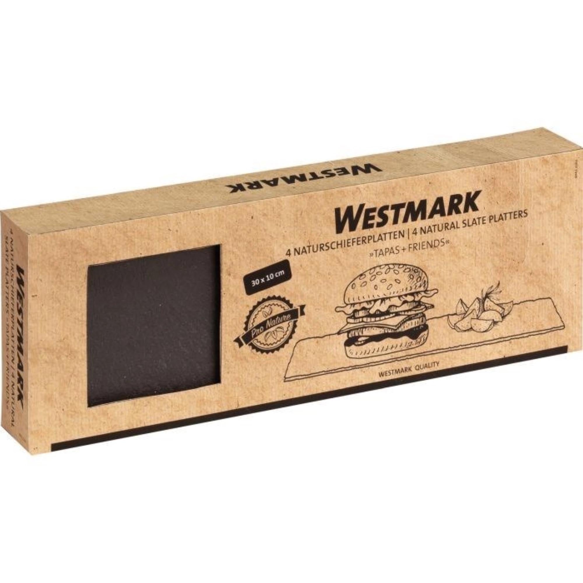 Elegantes Set aus 4 Naturschiefer-Servierplatten (30x10cm) von Westmark, ideal für Tapas, Snacks und stilvolles Servieren.