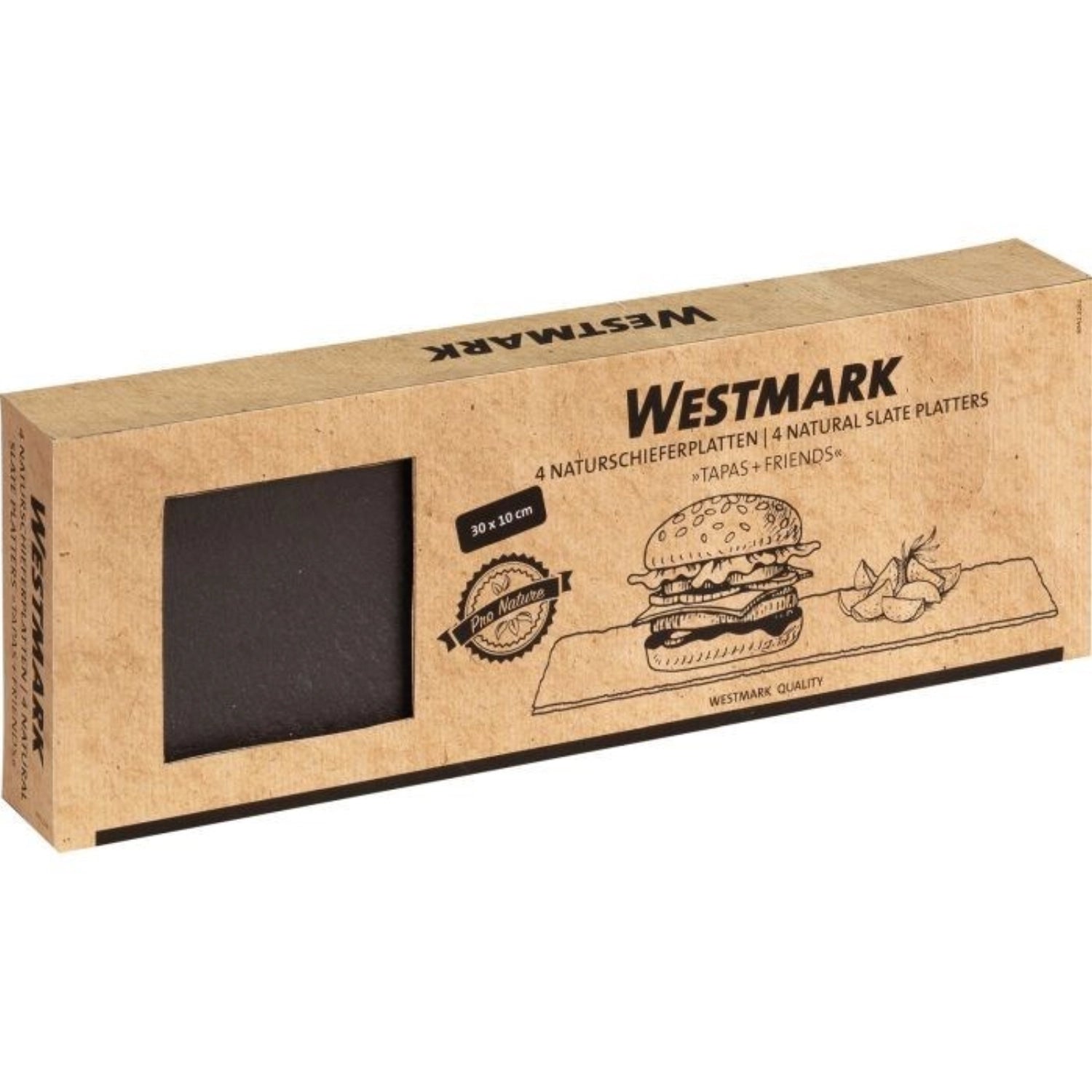 Set aus 4 stilvollen Servierplatten aus Naturschiefer, ideal für Tapas und Fingerfood, Maße: 30x10 cm, perfekt für festliche Anlässe und gesellige Runden.