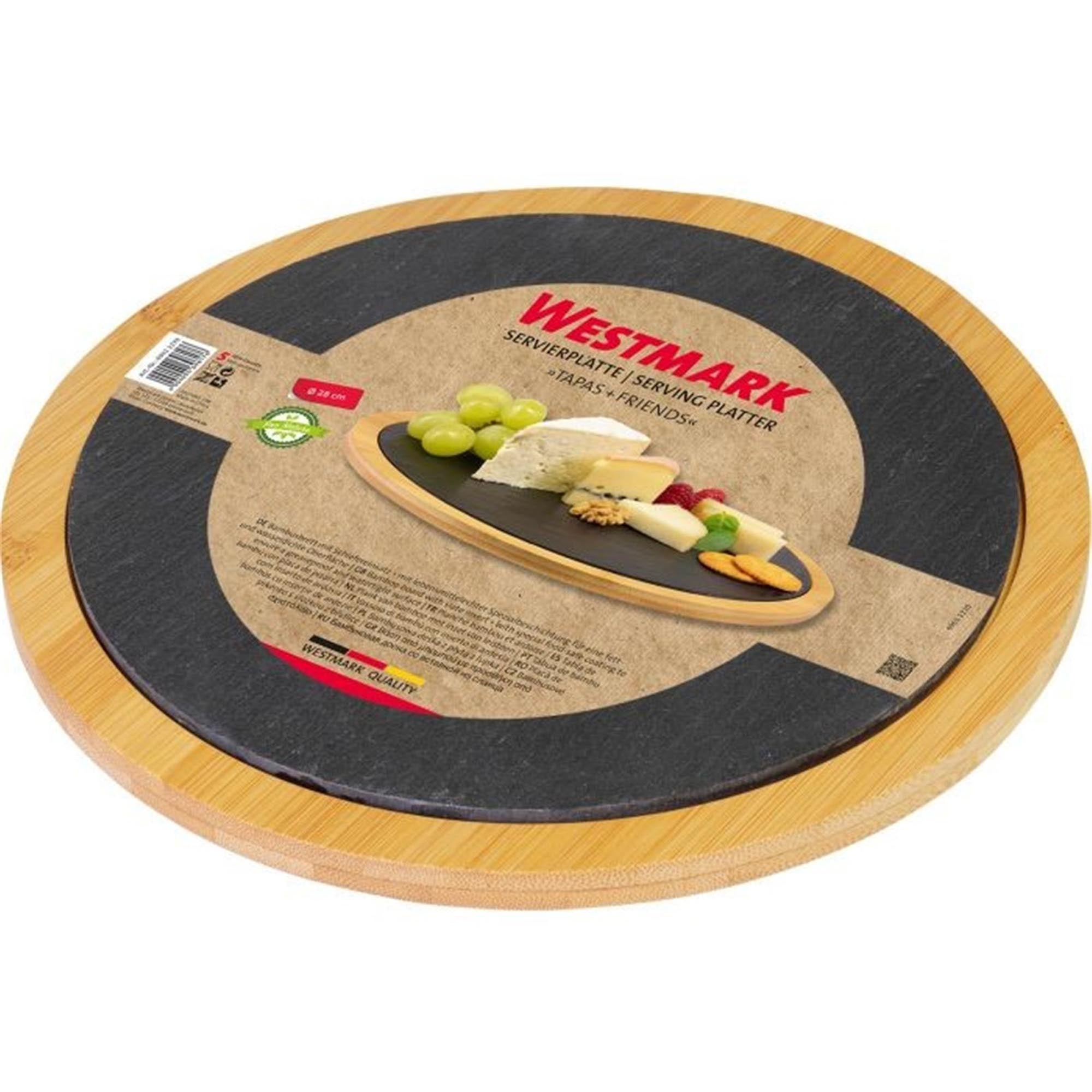 Elegante Servierplatte aus Schiefer und Bambus, ideal für Tapas und Snacks. Durchmesser 28 cm, stilvoll und praktisch für jede Tafel.
