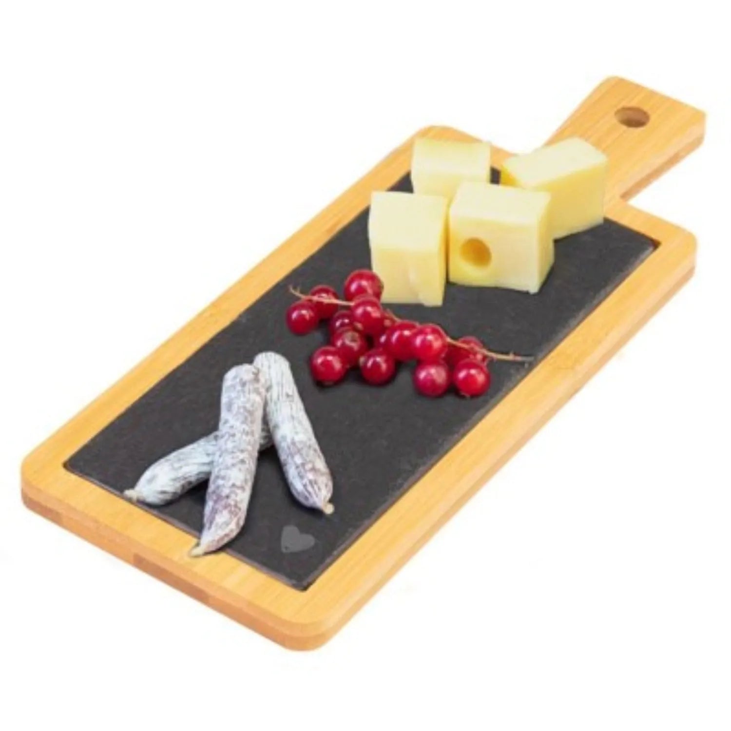Elegante Tapasplatte aus Schiefer und Bambus, ideal für stilvolles Servieren von Tapas und Snacks, Maße: 23x9cm.