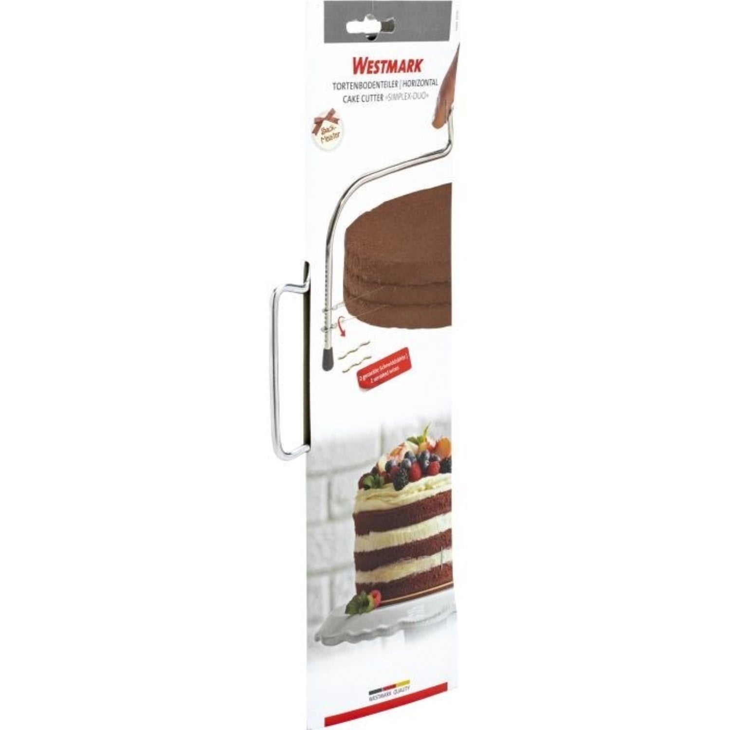 Der Tortenbodenteiler Simplex-Duo von Westmark sorgt für gleichmäßige Tortenböden und erleichtert das Schichten von Kuchen für perfekte Backergebnisse.