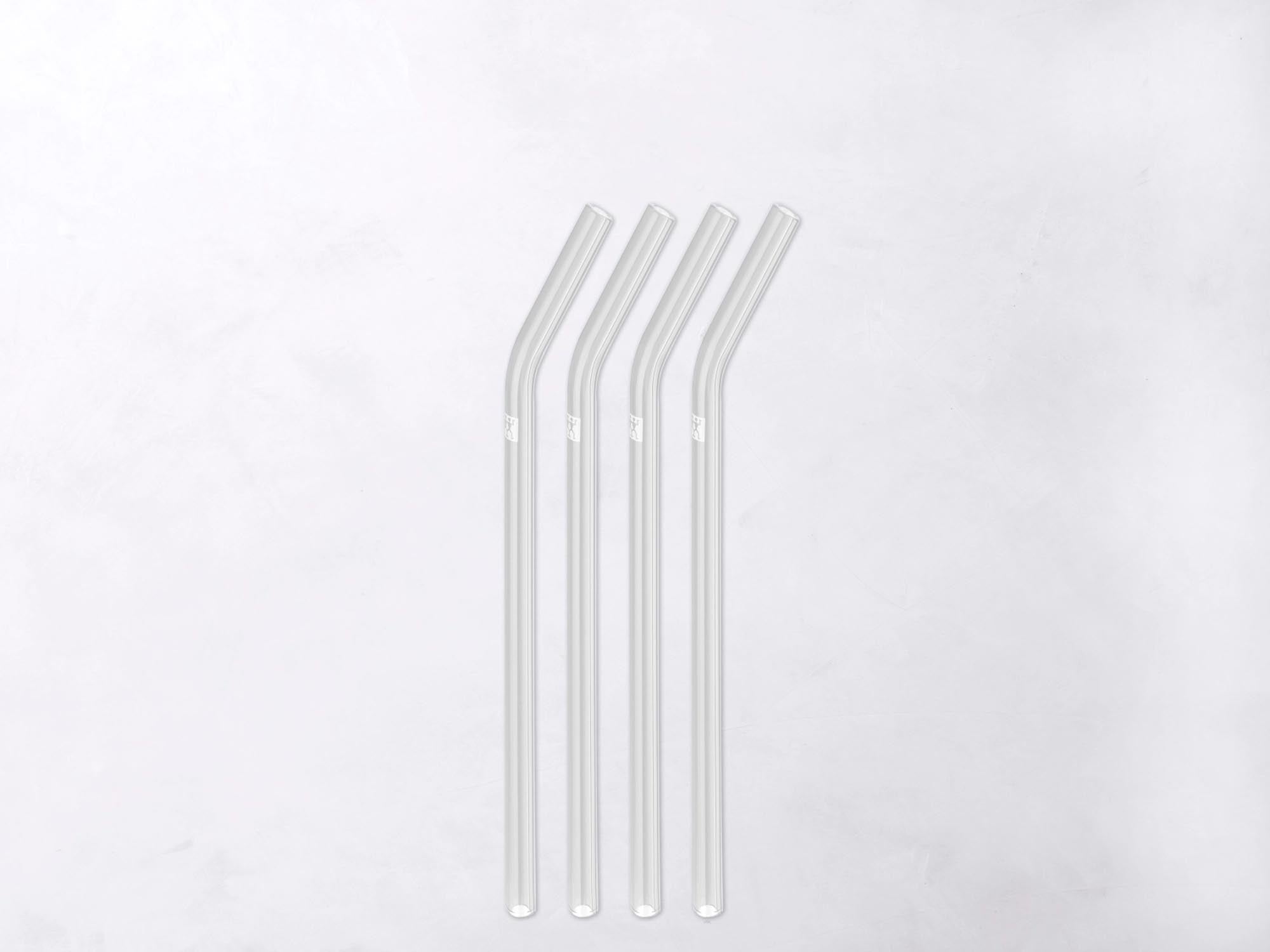 Nachhaltige Glasstrohhalme 23cm, gebogen, 4er Set mit Reinigungsbürste.