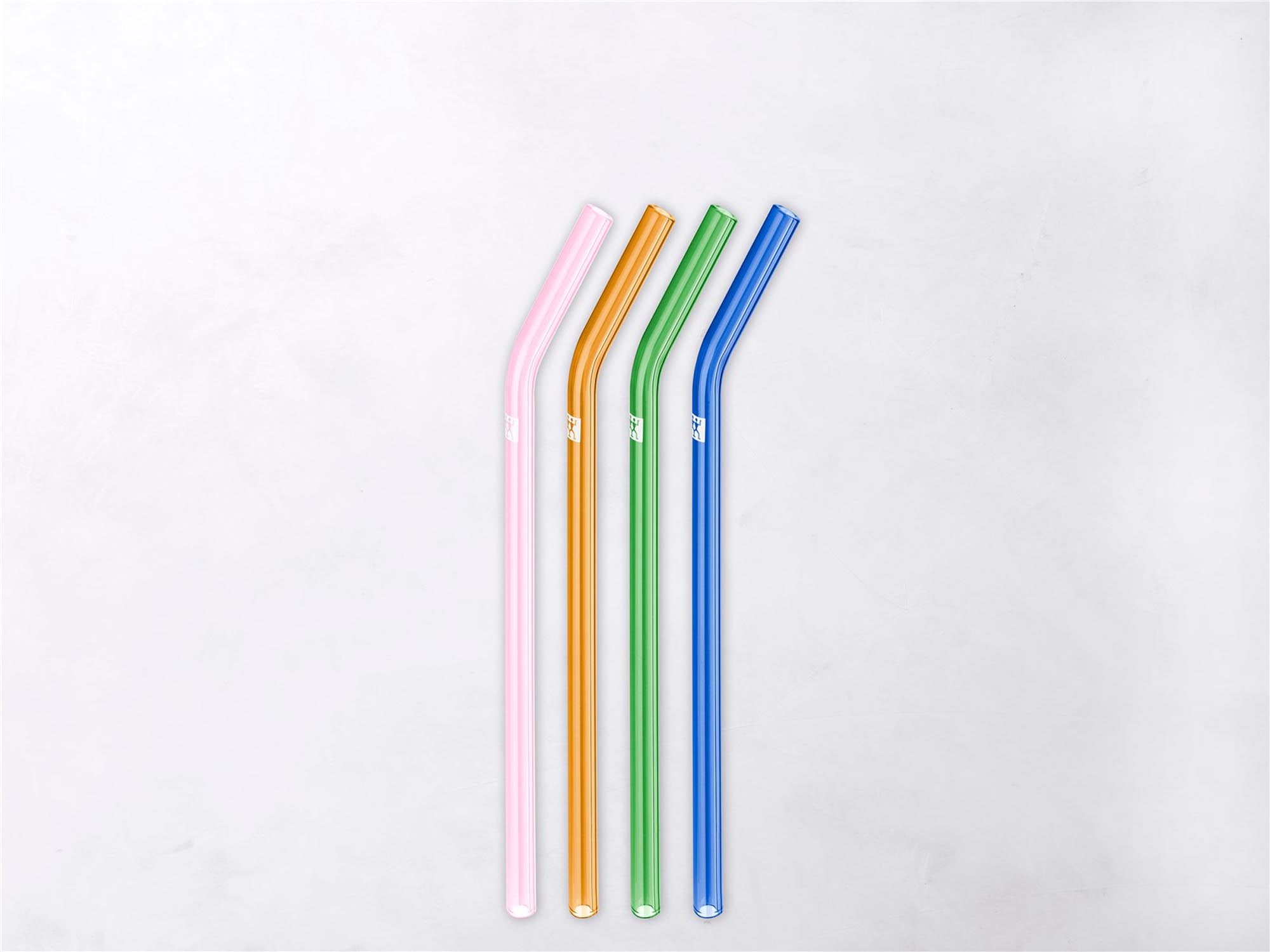 Strohhalme Glas farbig gebogen 4er Set, 23cm Ø9mm + Bürste