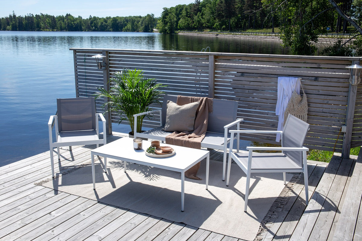 Weisses Break Sofa Outdoorset von Venture Home mit Aluminiumrahmen und grauem Textilene-Bezug, Loungeset für den Aussenbereich