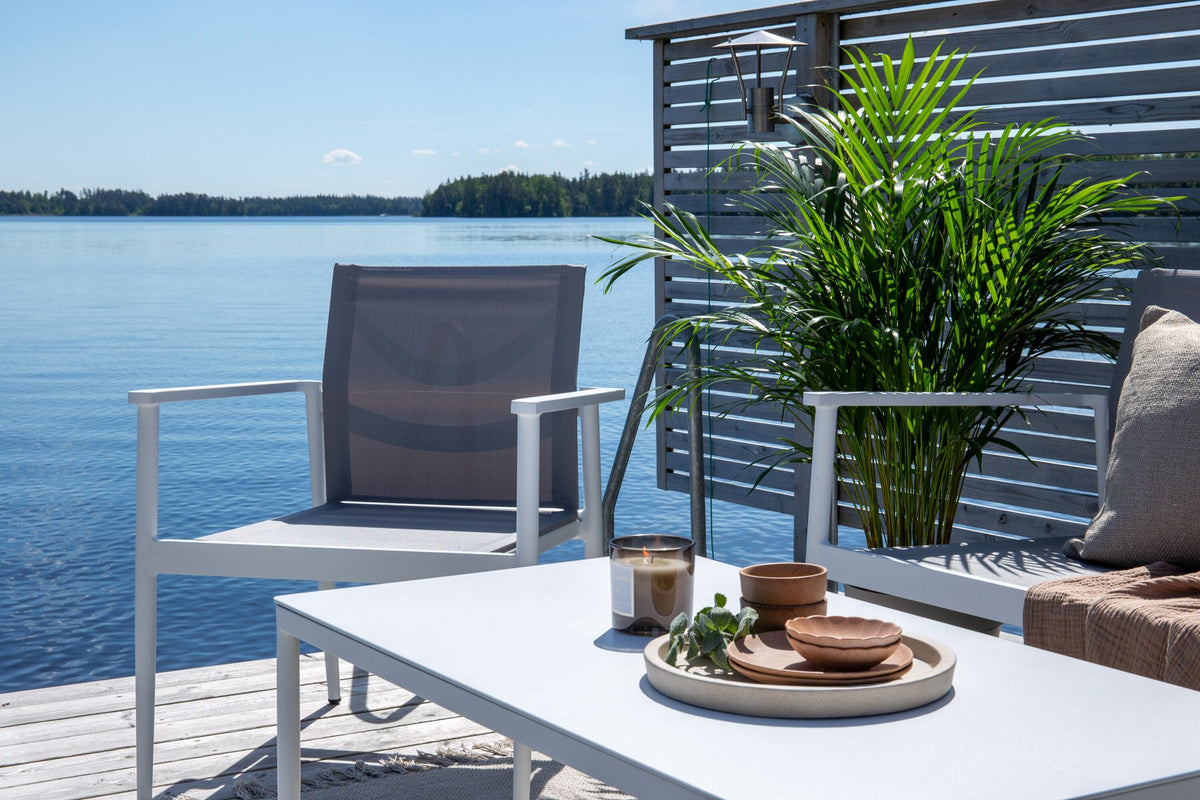 Weisses Break Sofa Outdoorset von Venture Home mit Aluminiumrahmen und grauem Textilene-Bezug, Loungeset für den Aussenbereich