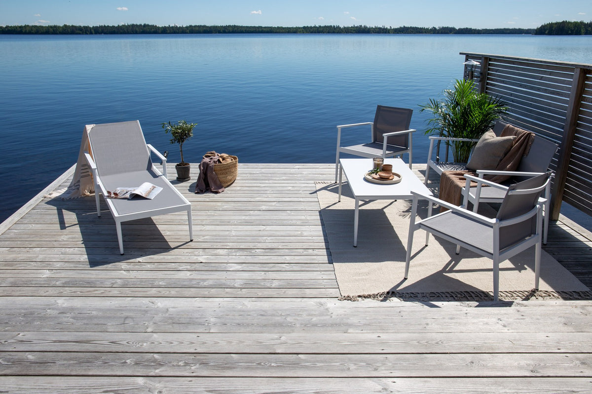 Weisses Break Sofa Outdoorset von Venture Home mit Aluminiumrahmen und grauem Textilene-Bezug, Loungeset für den Aussenbereich