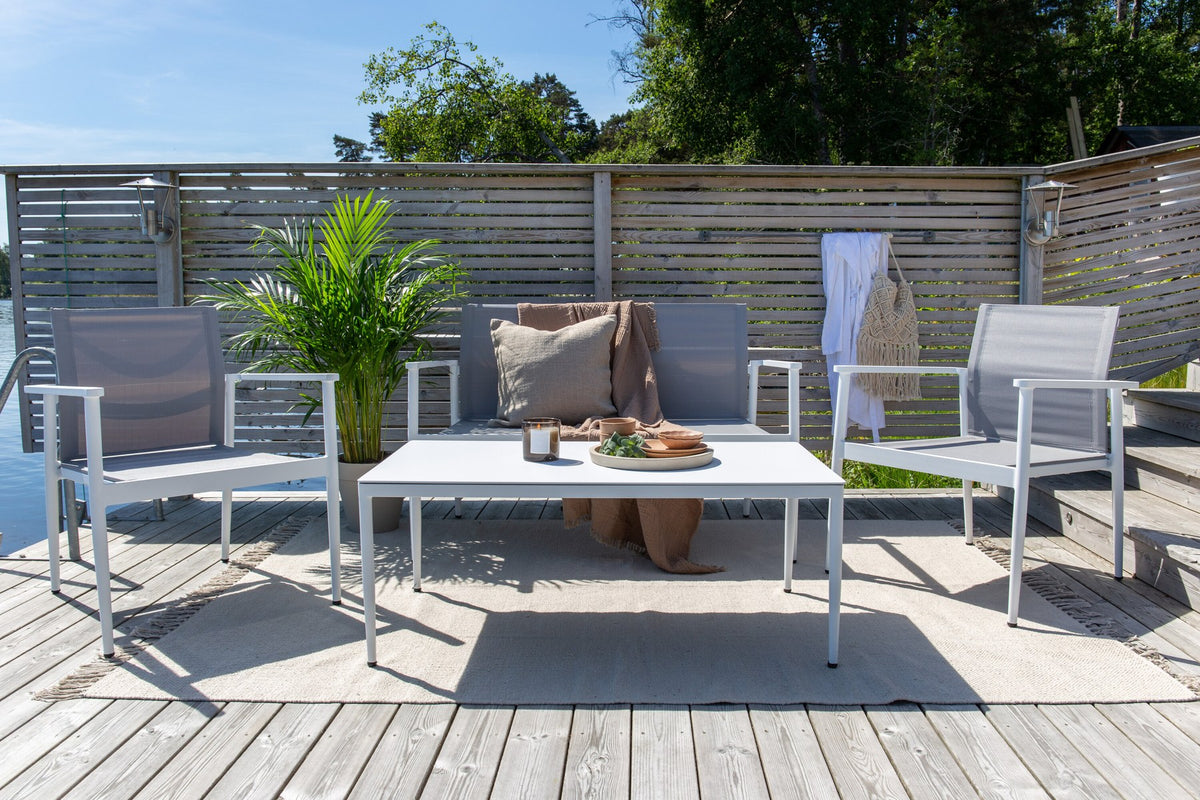 Weisses Break Sofa Outdoorset von Venture Home mit Aluminiumrahmen und grauem Textilene-Bezug, Loungeset für den Aussenbereich