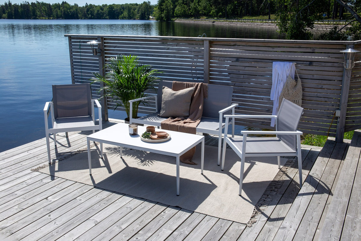 Weisses Break Sofa Outdoorset von Venture Home mit Aluminiumrahmen und grauem Textilene-Bezug, Loungeset für den Aussenbereich