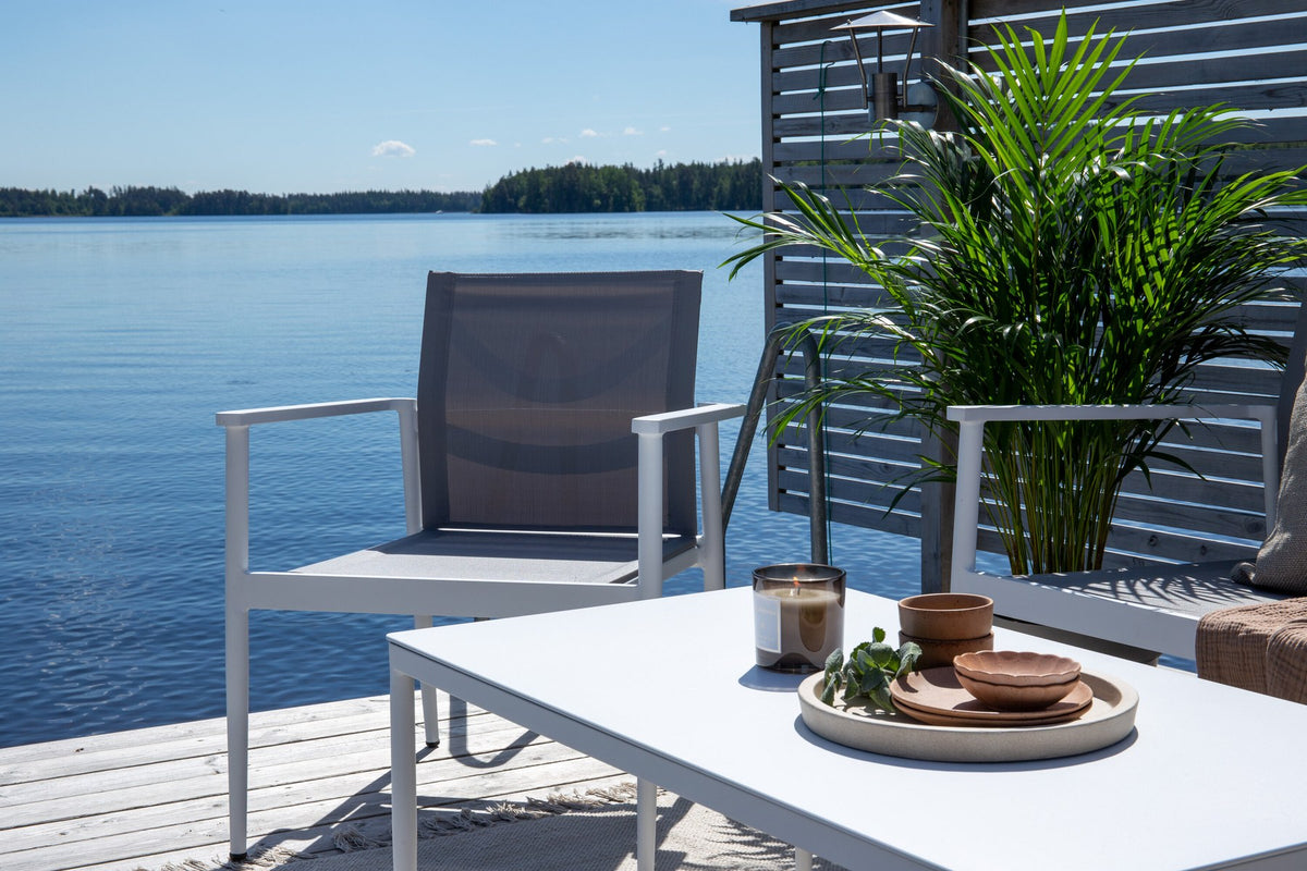 Weisses Break Sofa Outdoorset von Venture Home mit Aluminiumrahmen und grauem Textilene-Bezug, Loungeset für den Aussenbereich