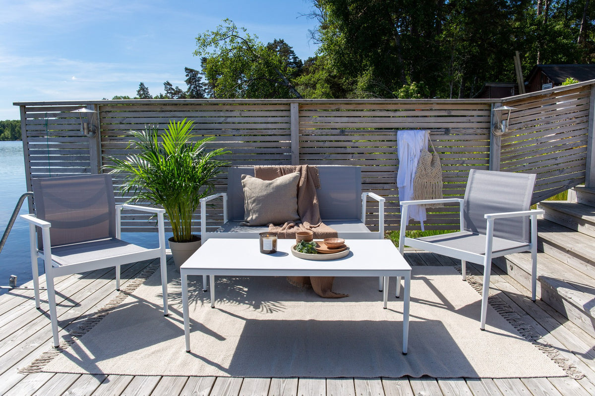 Weisses Break Sofa Outdoorset von Venture Home mit Aluminiumrahmen und grauem Textilene-Bezug, Loungeset für den Aussenbereich