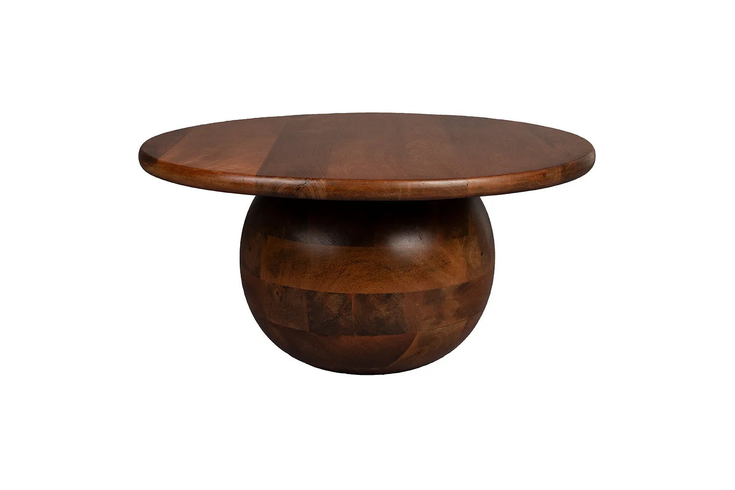 Couchtisch Oblivian: Massives Mangoholz, walnussfarben, 50er-Jahre-Design, handgefertigt, warmes Ambiente.