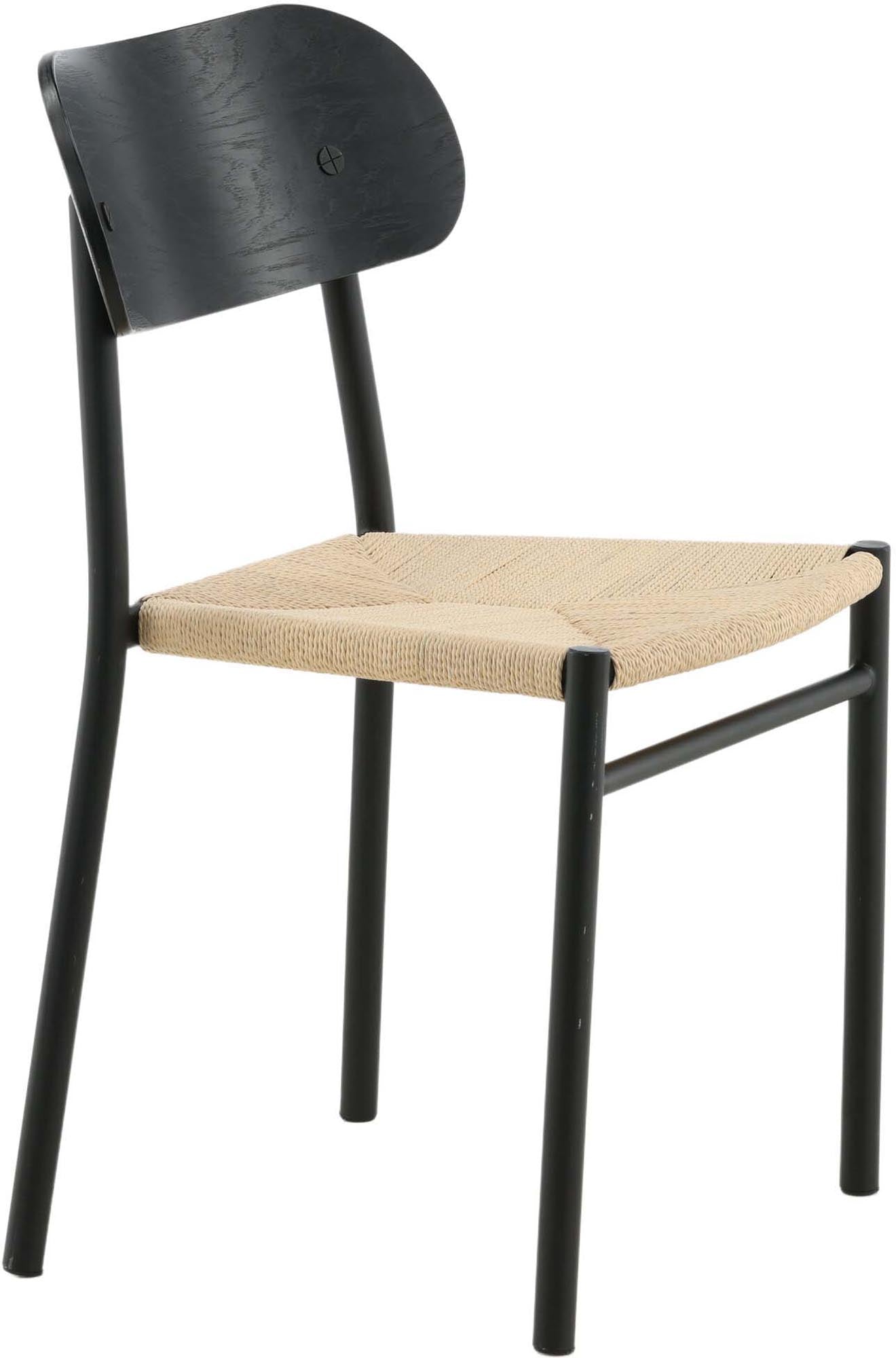 Eleganter Gartenstuhl aus Stahl und MDF, mit Naturfasergewebe bezogen, ideal für stilvolle Outdoor-Bereiche.