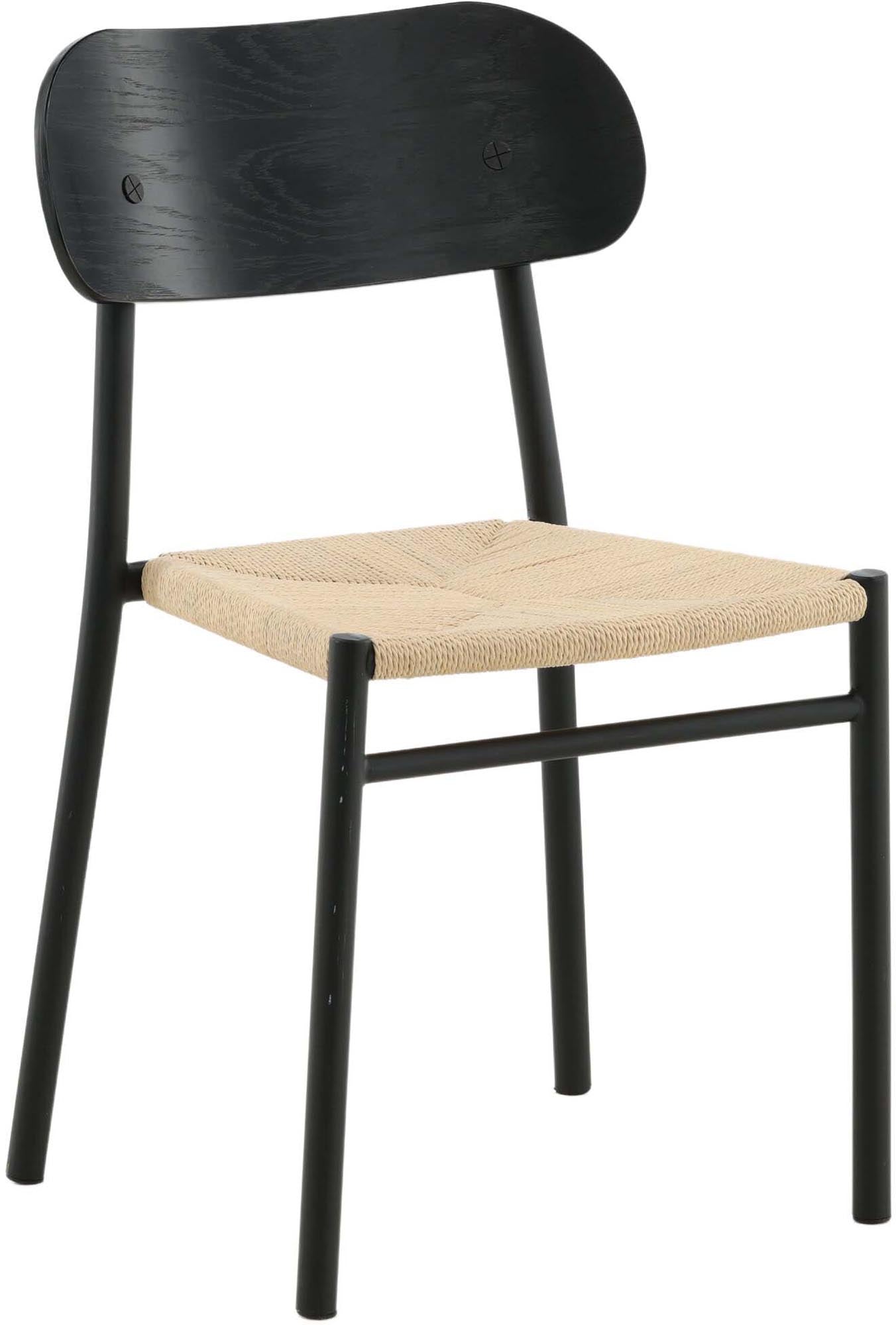Eleganter Gartenstuhl aus Stahl und MDF, mit Naturfasergewebe bezogen, ideal für stilvolle Outdoor-Bereiche.