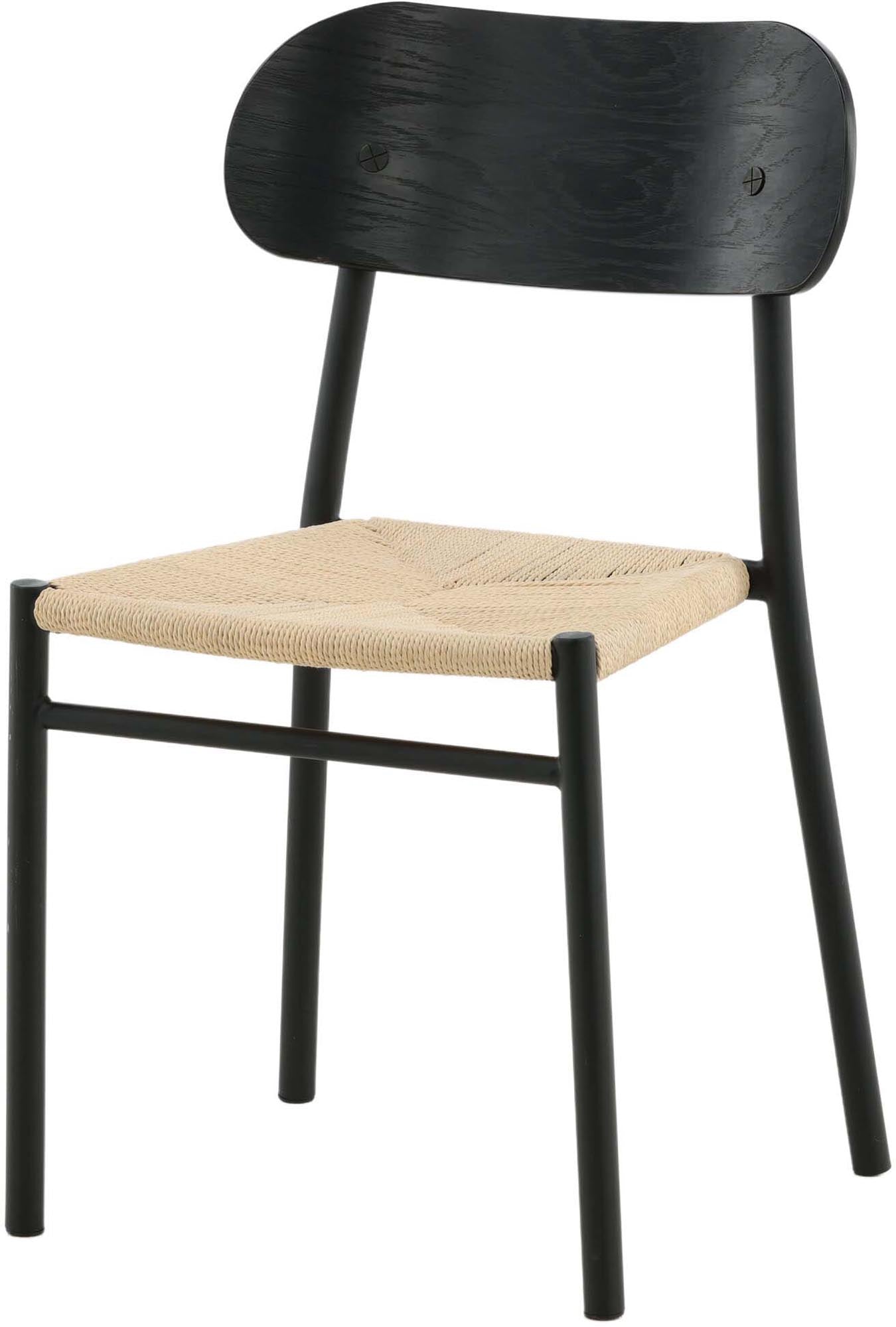 Eleganter Gartenstuhl aus Stahl und MDF, mit Naturfasergewebe bezogen, ideal für stilvolle Outdoor-Bereiche.