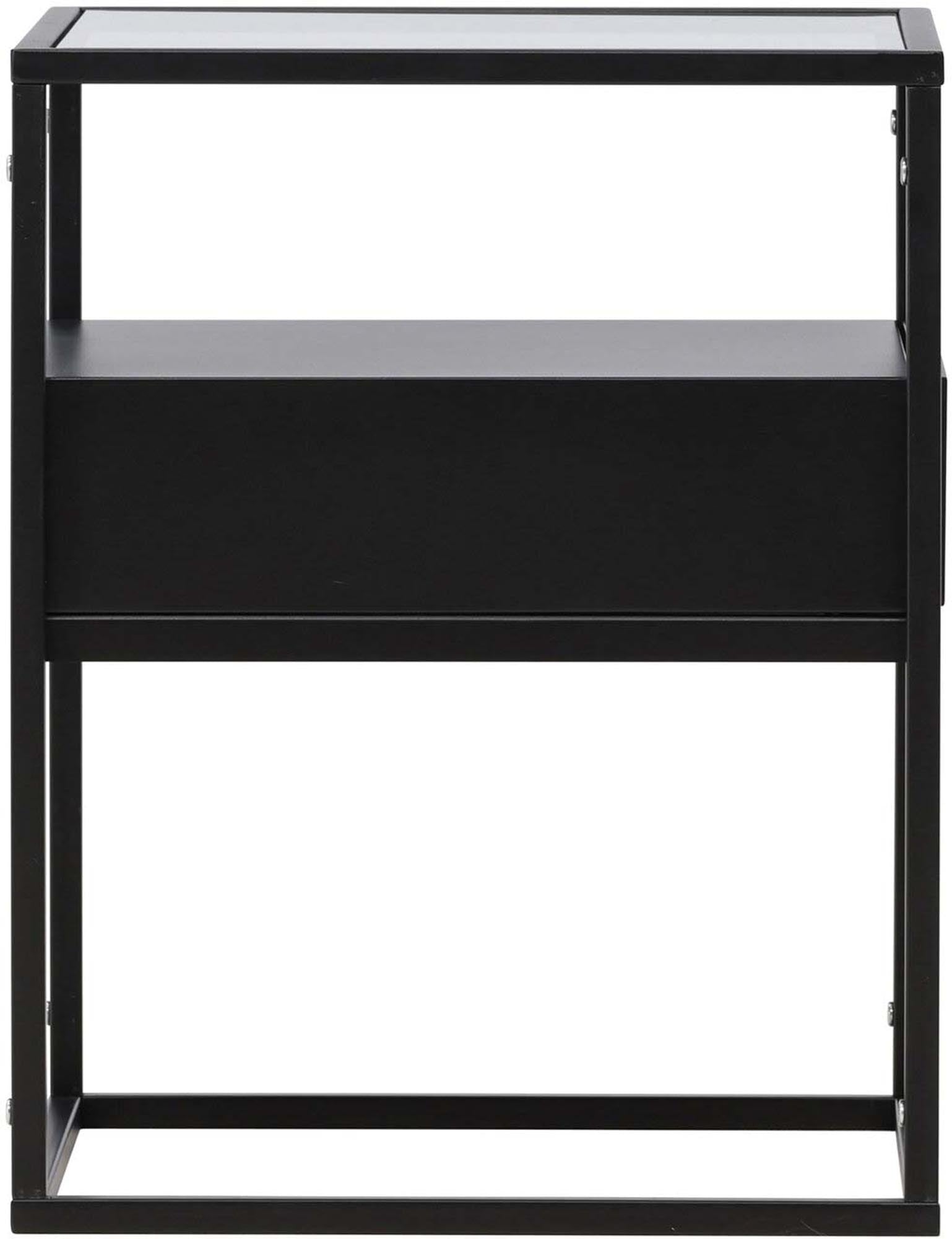 Eleganter Fortaleza Beistelltisch: Schwarzer Stahl, Glasplatte, Schublade, Regale. Vielseitig, modern, in Schwarz oder Weiss erhältlich.
