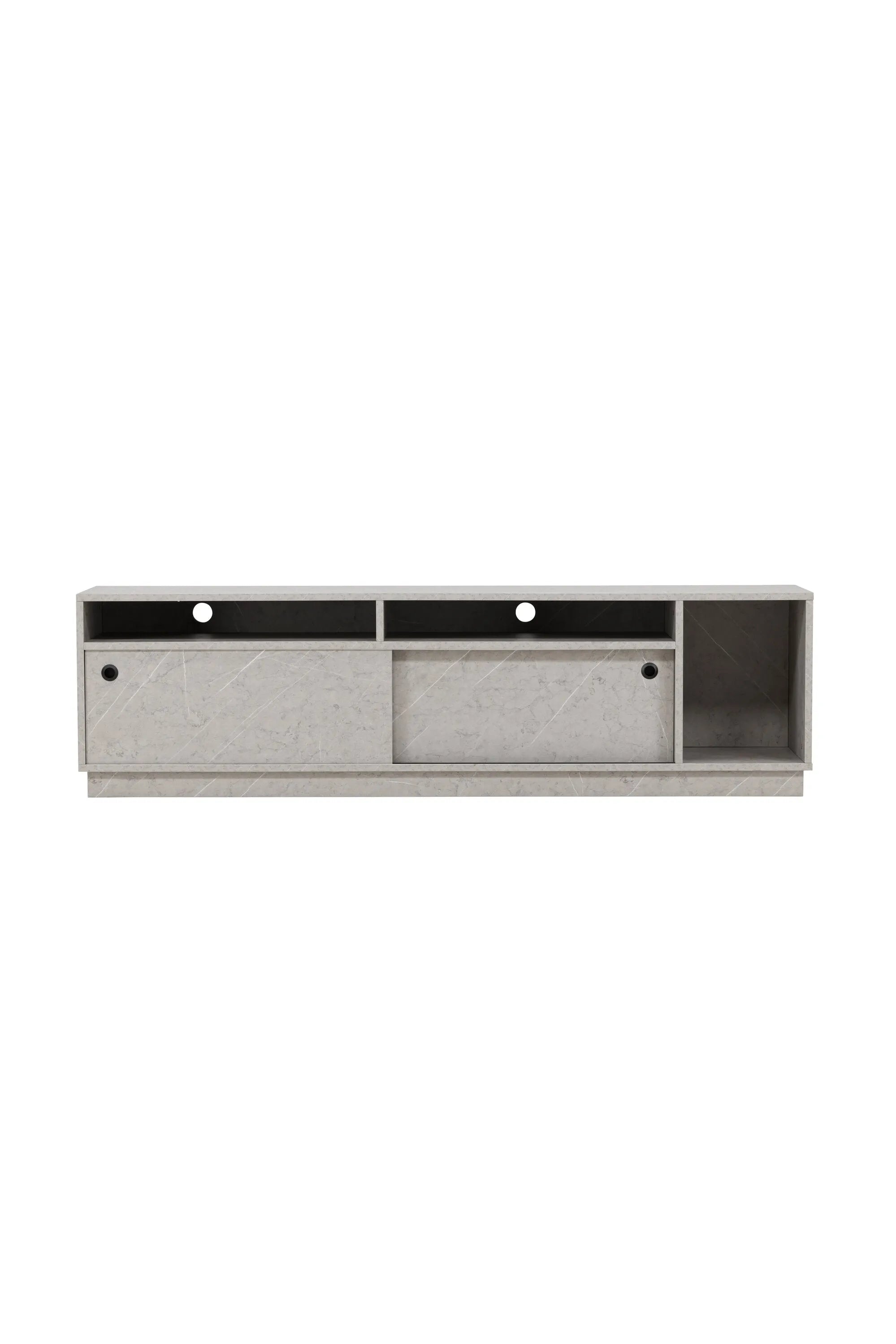 Elegantes TV-Sideboard in grauer Betonoptik mit Schiebetüren und offenen Regalfächern für stilvolle Aufbewahrung.