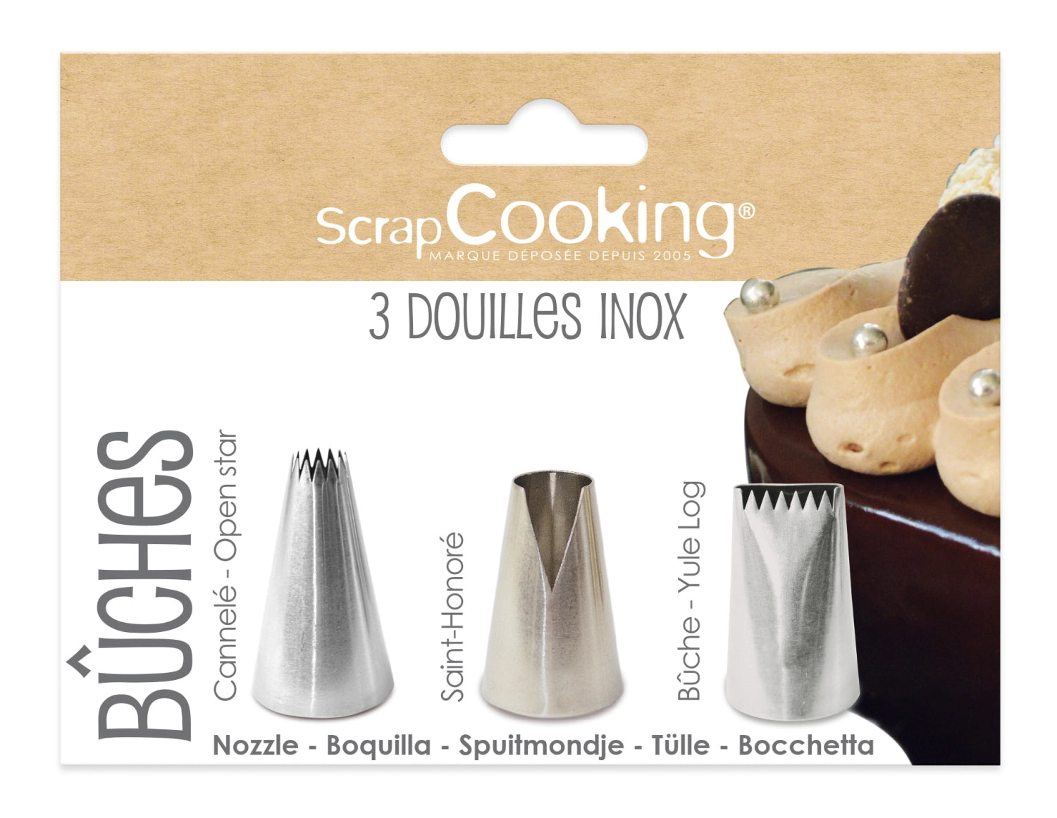 Set of 3 stainless steel piping nozzles for Bûche