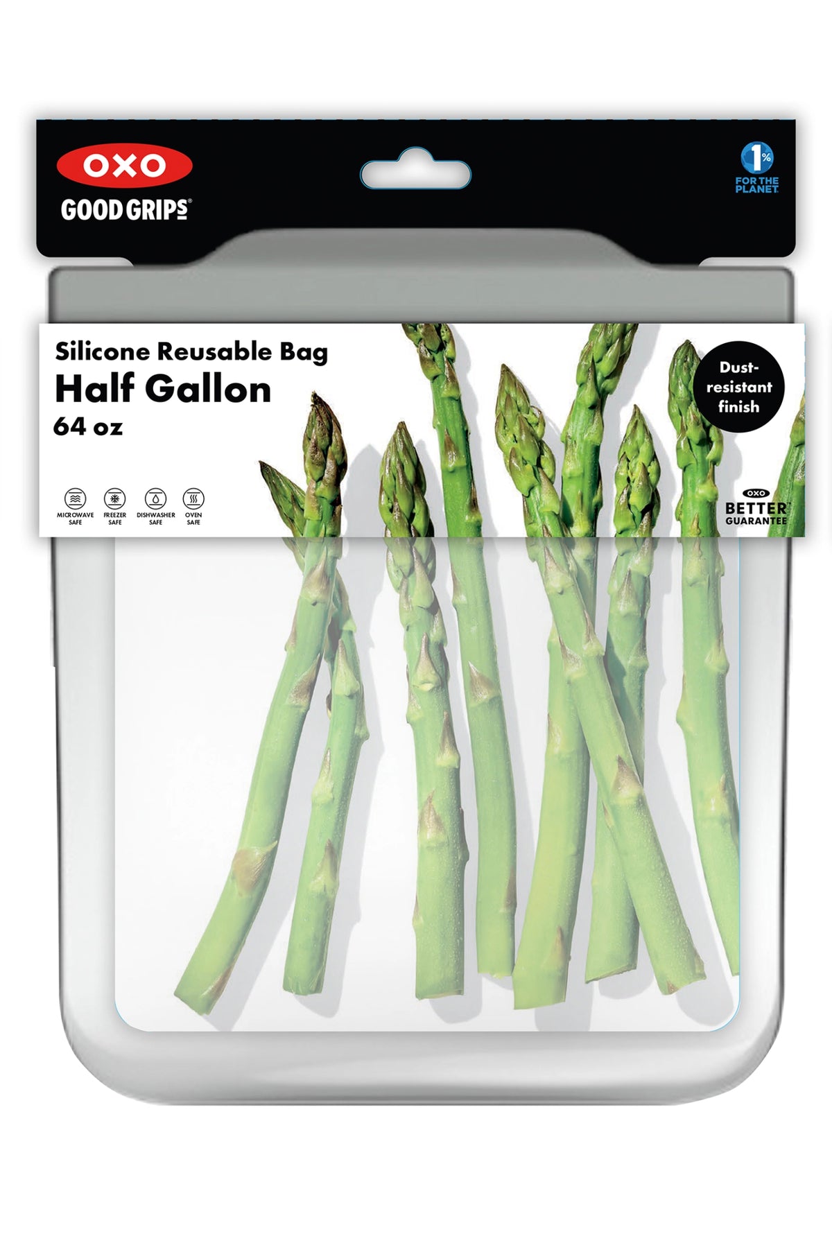 Transparente Silikon-Aufbewahrungstasche von OXO Good Grips mit flacher, rechteckiger Form und Verschlusslasche, leer abgebildet.