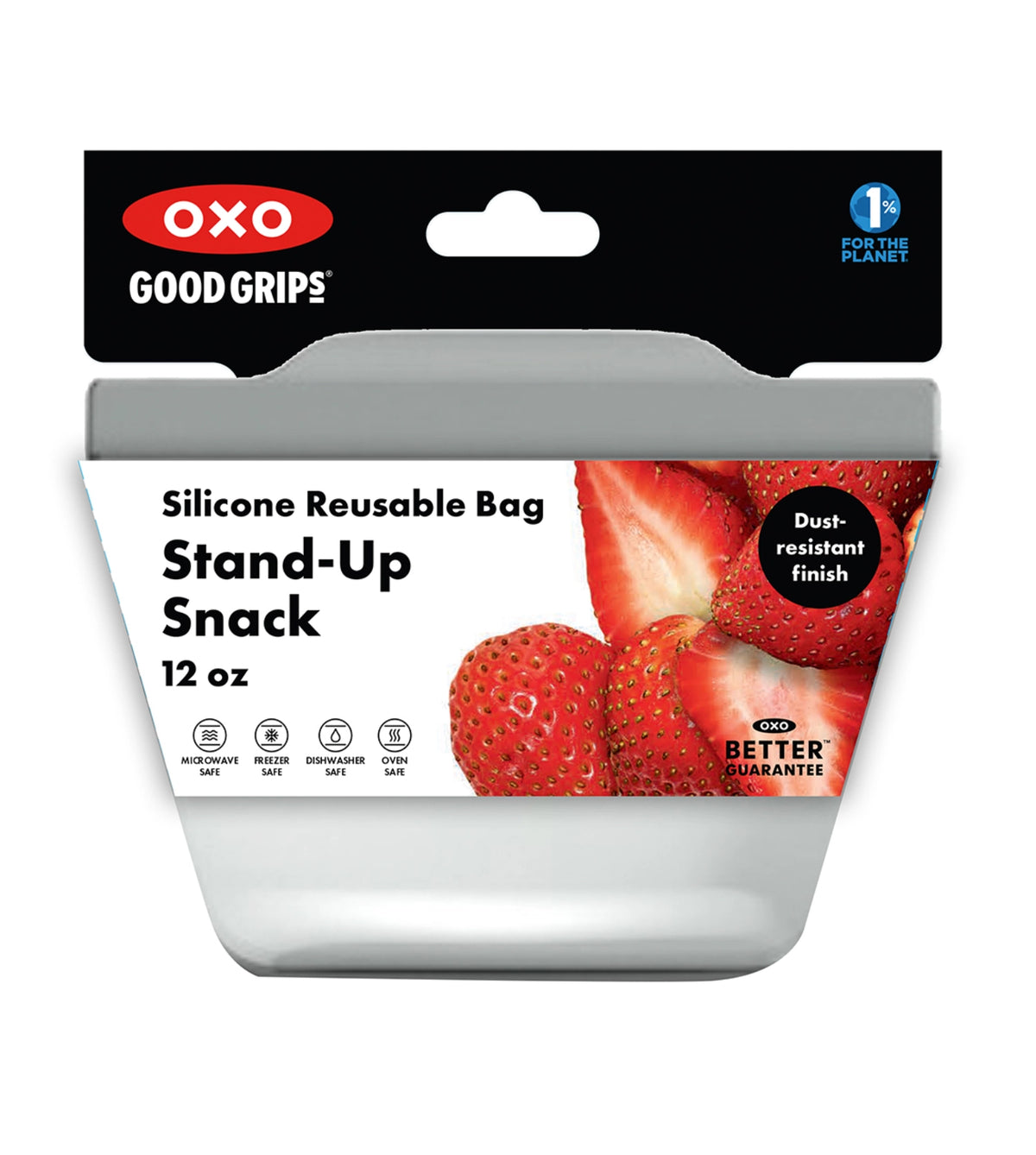 Transparente Silikon-Aufbewahrungstasche von OXO in Stand-up-Form mit breiter Standfläche und nahtloser Verarbeitung.