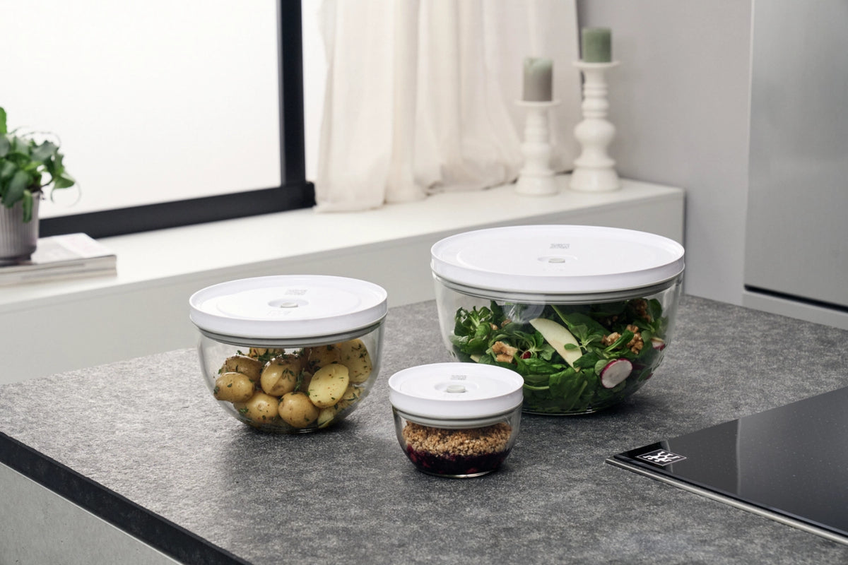 6tlg. Fresh & Save Bowls Vakuumschüssel Set, Glas in Transparent präsentiert im Onlineshop von KAQTU Design AG. Aufbewahrungsbeutel ist von Zwilling
