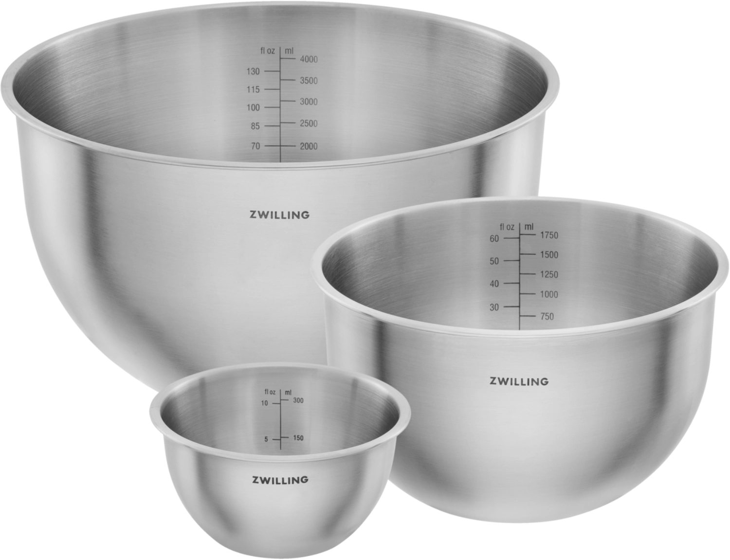 Elegantes 3-teiliges Edelstahl-Schüsselset von Zwilling, perfekt zum Vakuumieren und Frischhalten von Lebensmitteln in der Küche.