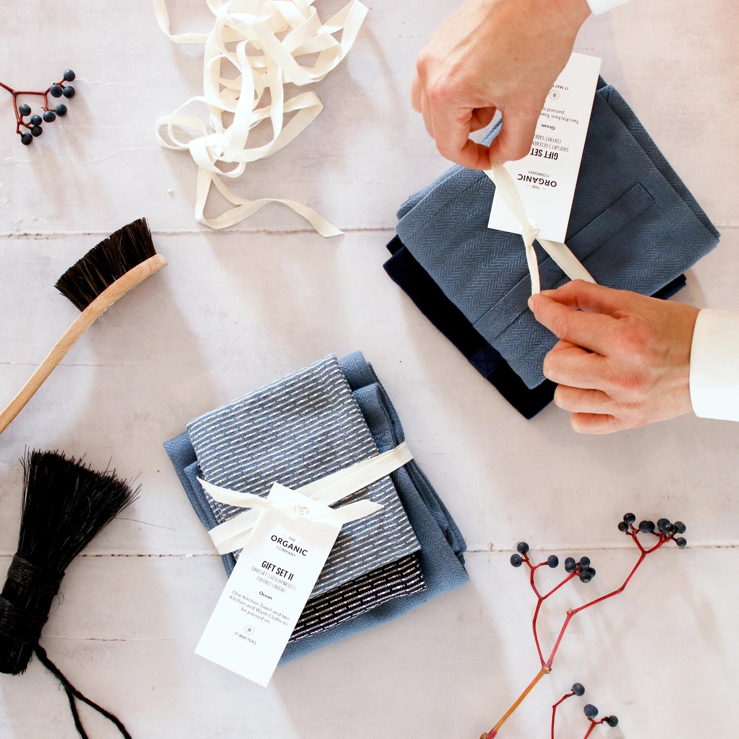 3 Ensemble de plats et de serviettes à rinçage 53x86cm coton biologique océanique