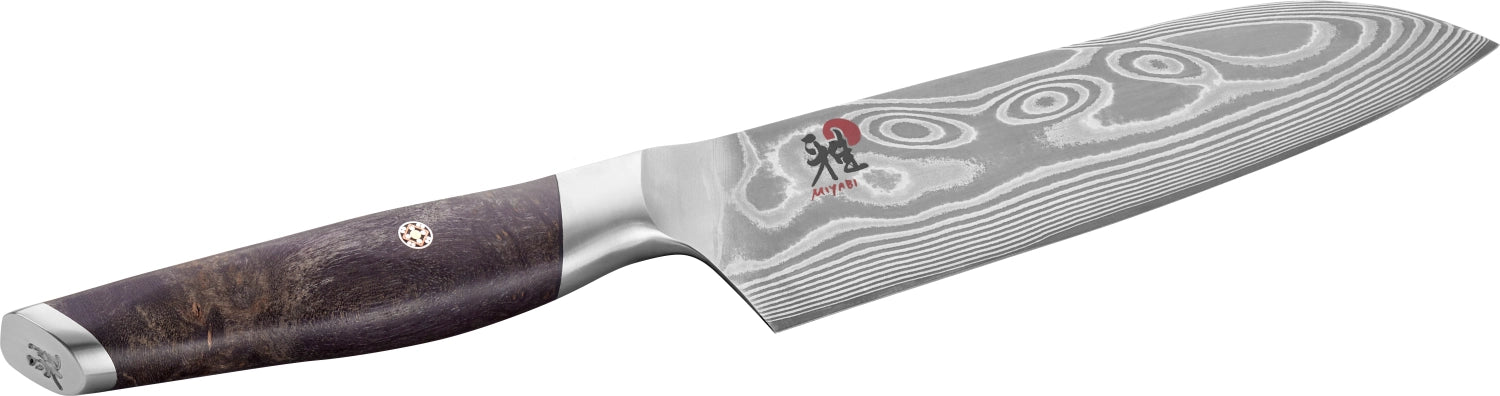 Elegantes Santoku-Messer von Miyabi mit 18 cm Klinge, ideal für präzises Schneiden und kreative Küchenanwendungen.