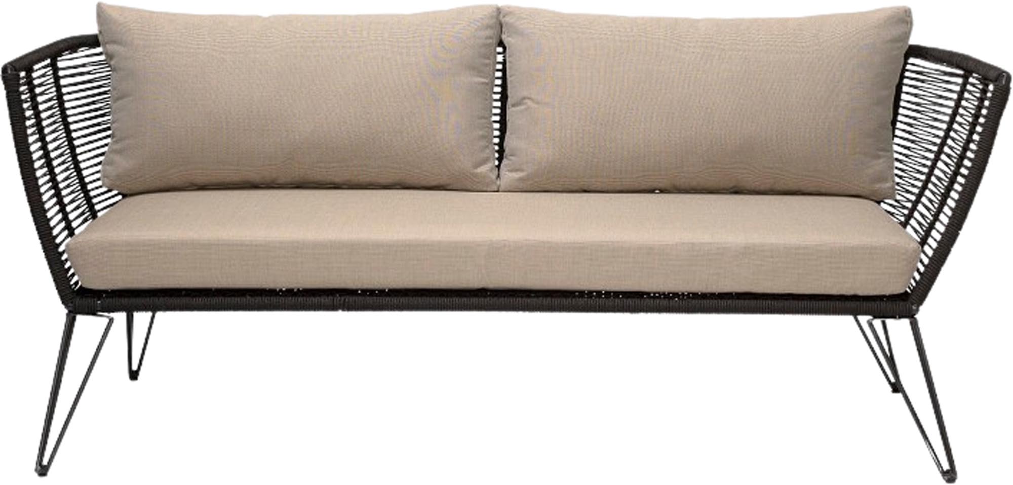 Das Mundo Sofa von Bloomingville kombiniert schwarzen Stoff mit einem robusten Metallrahmen für elegantes Outdoor-Wohnen.
