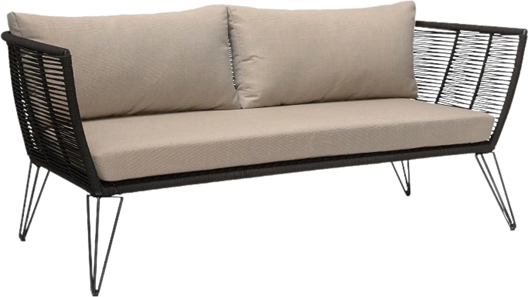 Elegantes 2er-Sofa mit schwarzem Metallrahmen und handgewebtem Polyesterseil, abnehmbare sandfarbene Bezüge, ideal für modernes Wohnen.