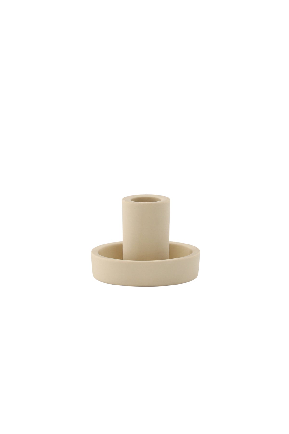 Runder weisser Kerzenständer Ceco aus Ton mit schlichter, minimalistischer Form, Durchmesser 11 cm, Höhe 6 cm.