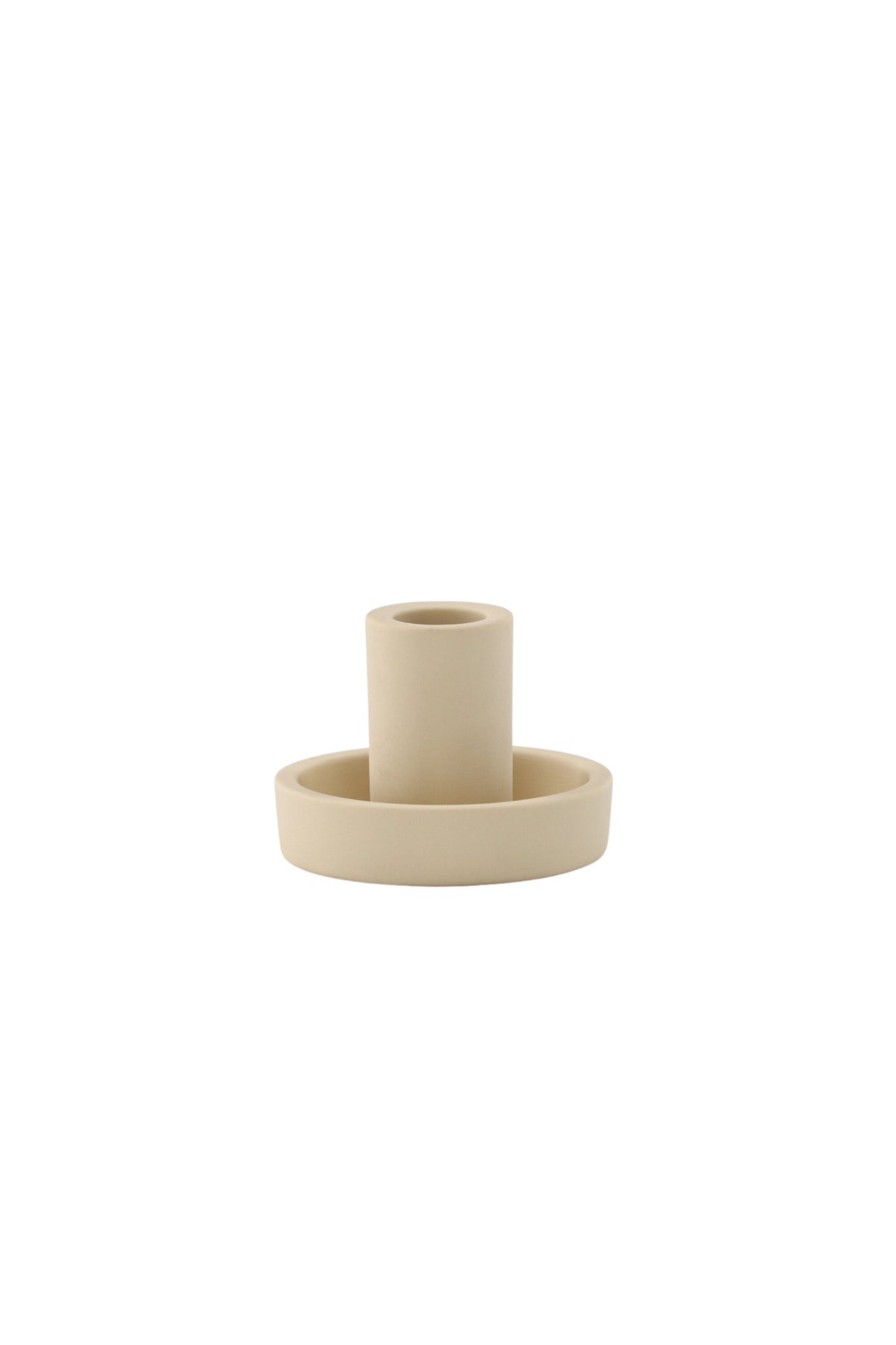 Runder weisser Kerzenständer Ceco aus Ton mit schlichter, minimalistischer Form, Durchmesser 11 cm, Höhe 6 cm.