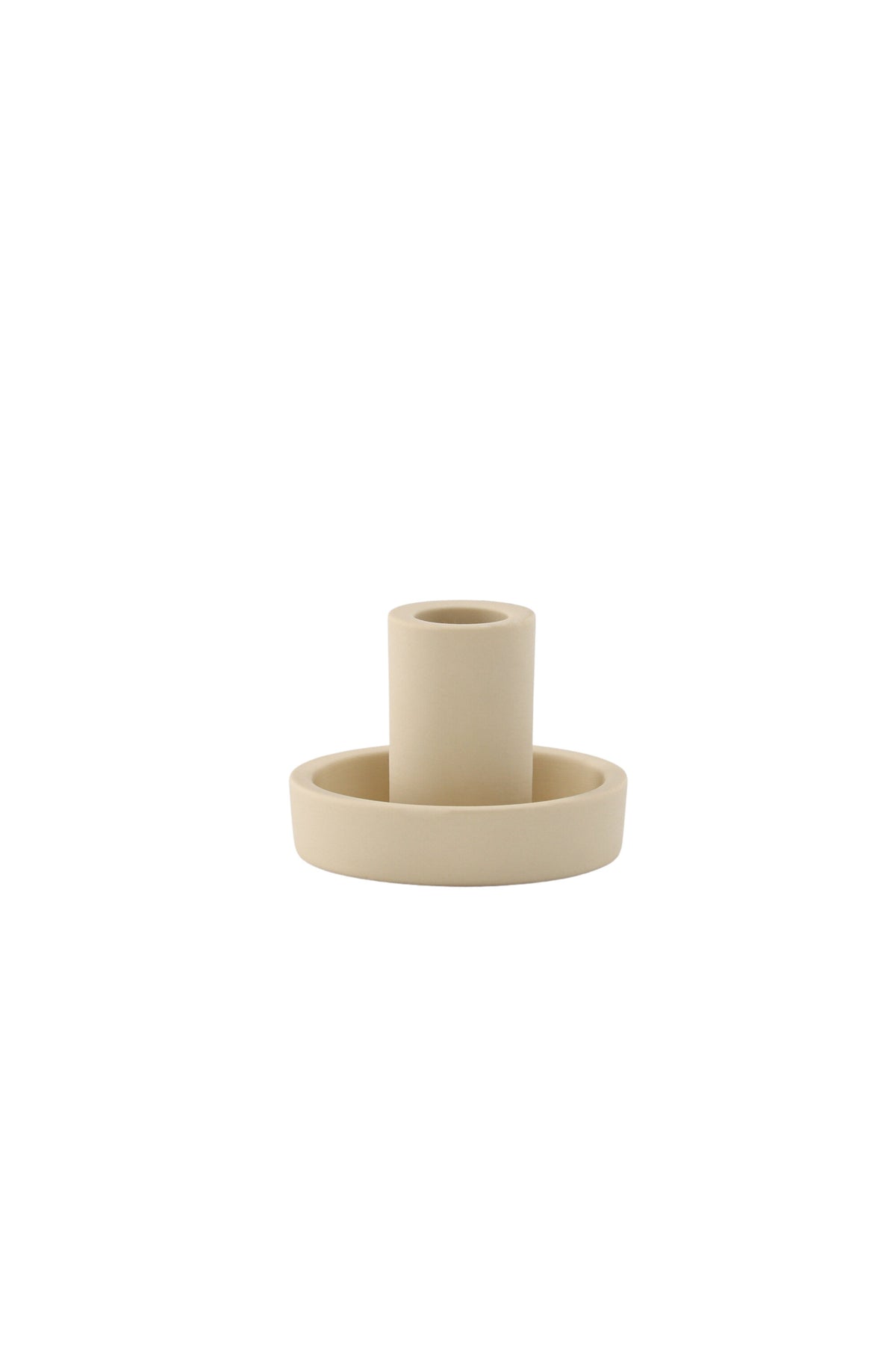 Runder weisser Kerzenständer Ceco aus Ton mit schlichter, minimalistischer Form, Durchmesser 11 cm, Höhe 6 cm.