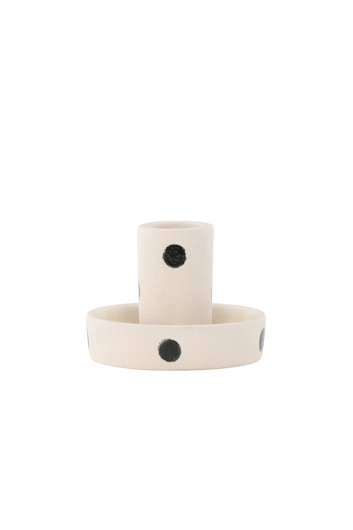 Runder weisser Kerzenständer Ceco aus Ton mit schlichter, minimalistischer Form, Durchmesser 11 cm, Höhe 6 cm.