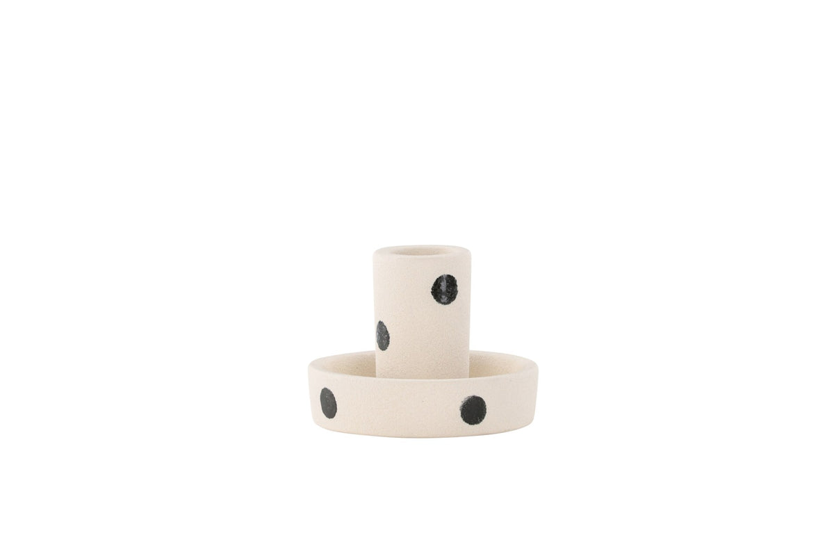 Runder weisser Kerzenständer Ceco aus Ton mit schlichter, minimalistischer Form, Durchmesser 11 cm, Höhe 6 cm.