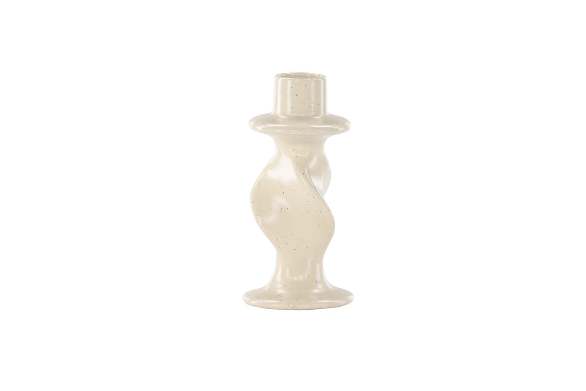 Kleiner runder Kerzenständer aus beigem Steinzeug, schlichte Form, Durchmesser 6 cm, Höhe 12 cm, Glory-Serie von Venture Home