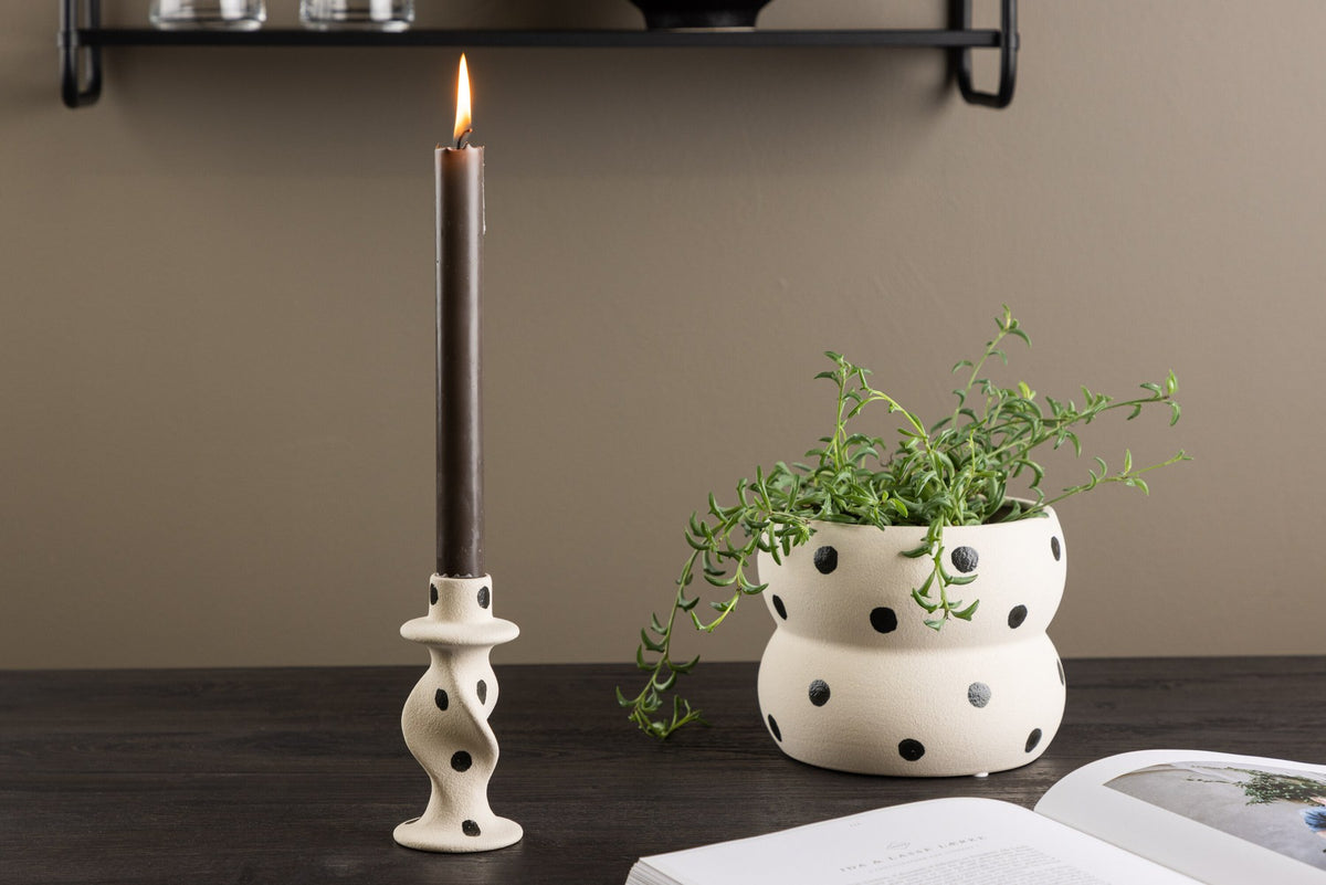 Kleiner runder Kerzenständer aus beigem Steinzeug, schlichte Form, Durchmesser 6 cm, Höhe 12 cm, Glory-Serie von Venture Home