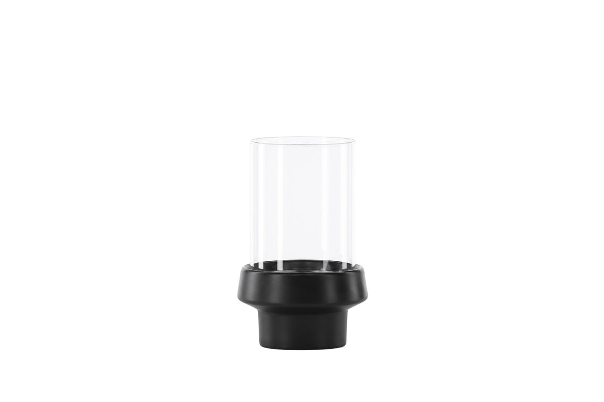 Teelichthalter Davida von Venture Home aus Steinzeug in Schwarz mit klaren Glasdetails, Grösse D: 13 cm x H: 20 cm, rundes Design.