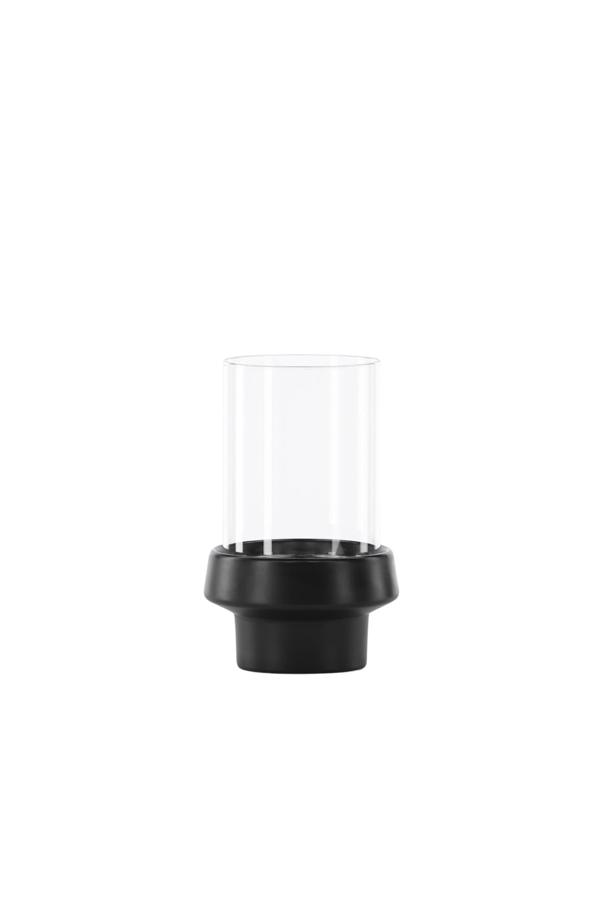 Teelichthalter Davida von Venture Home aus Steinzeug in Schwarz mit klaren Glasdetails, Grösse D: 13 cm x H: 20 cm, rundes Design.