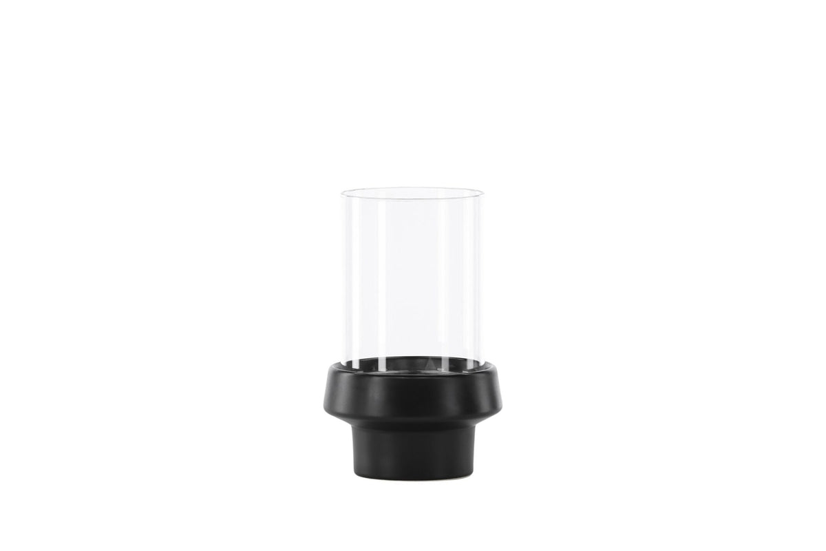 Teelichthalter Davida von Venture Home aus Steinzeug in Schwarz mit klaren Glasdetails, Grösse D: 13 cm x H: 20 cm, rundes Design.