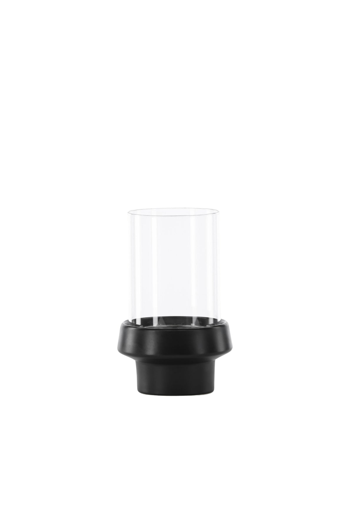 Teelichthalter Davida von Venture Home aus Steinzeug in Schwarz mit klaren Glasdetails, Grösse D: 13 cm x H: 20 cm, rundes Design.