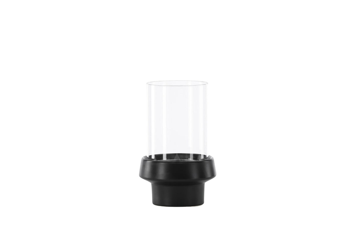 Teelichthalter Davida von Venture Home aus Steinzeug in Schwarz mit klaren Glasdetails, Grösse D: 13 cm x H: 20 cm, rundes Design.