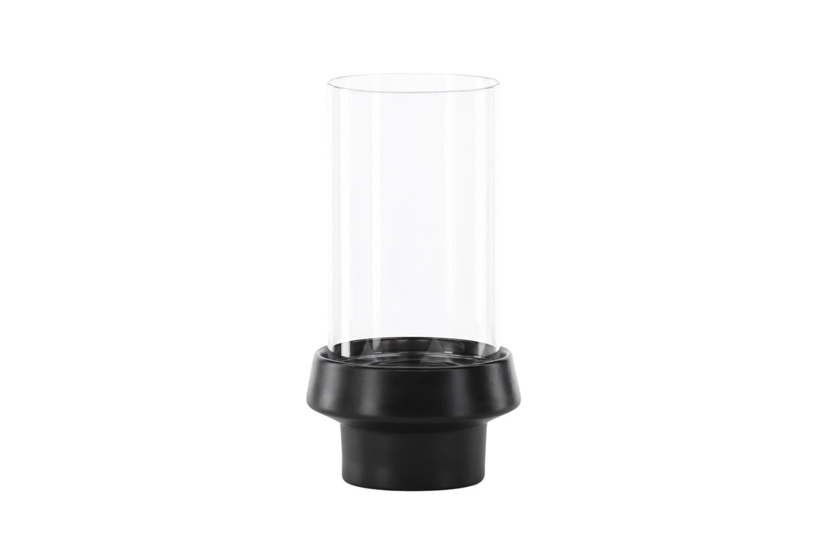 Teelichthalter Davida von Venture Home aus Steinzeug in Schwarz mit klaren Glasdetails, Grösse D: 13 cm x H: 20 cm, rundes Design.