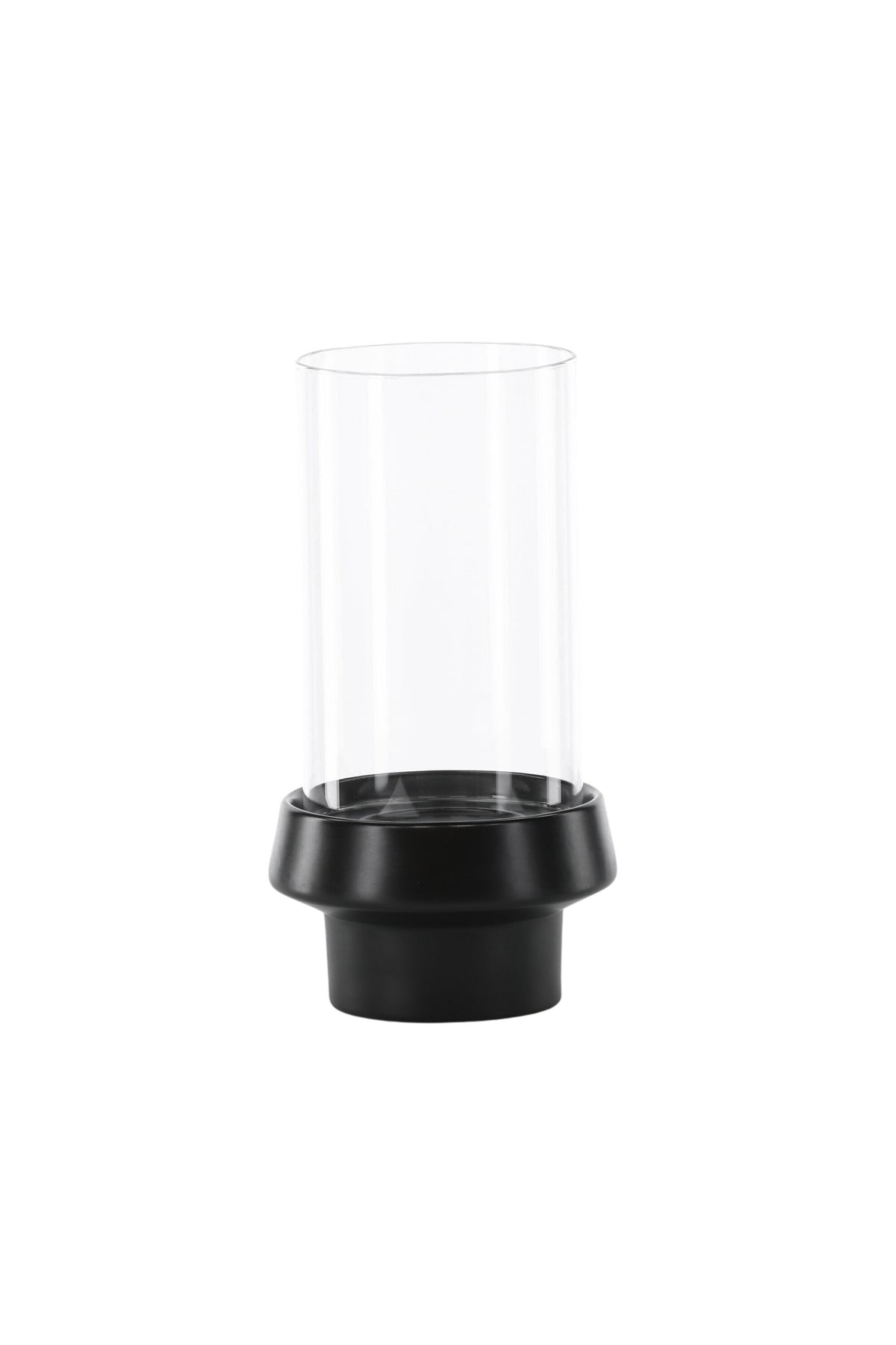 Teelichthalter Davida von Venture Home aus Steinzeug in Schwarz mit klaren Glasdetails, Grösse D: 13 cm x H: 20 cm, rundes Design.