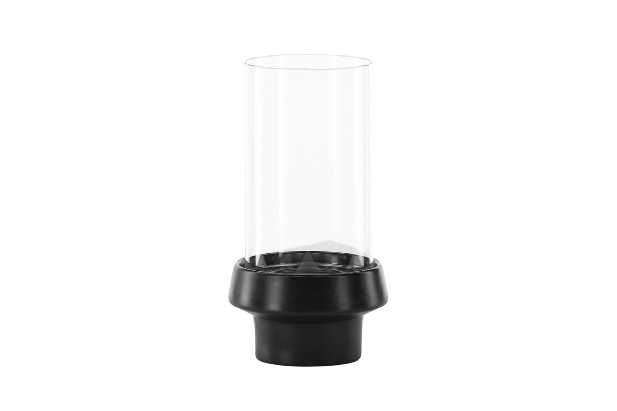 Teelichthalter Davida von Venture Home aus Steinzeug in Schwarz mit klaren Glasdetails, Grösse D: 13 cm x H: 20 cm, rundes Design.