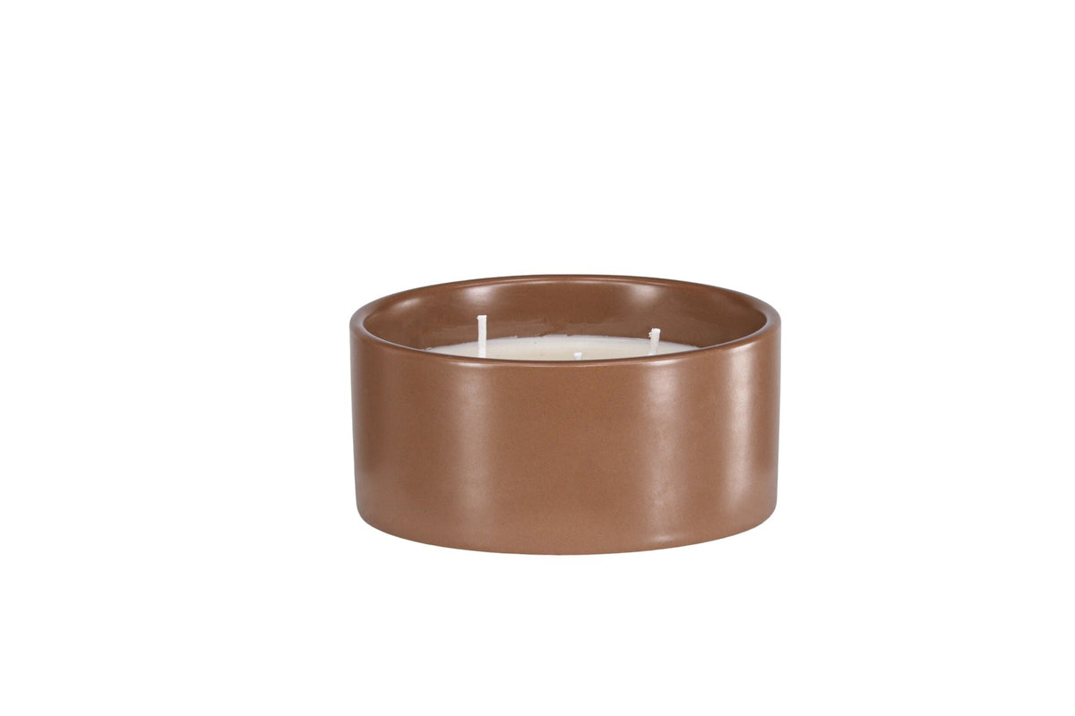 Runde Duftkerze aus braunem Keramikgefäss, Durchmesser 13 cm, Höhe 6 cm, von Venture Home aus der Serie Douglas.
